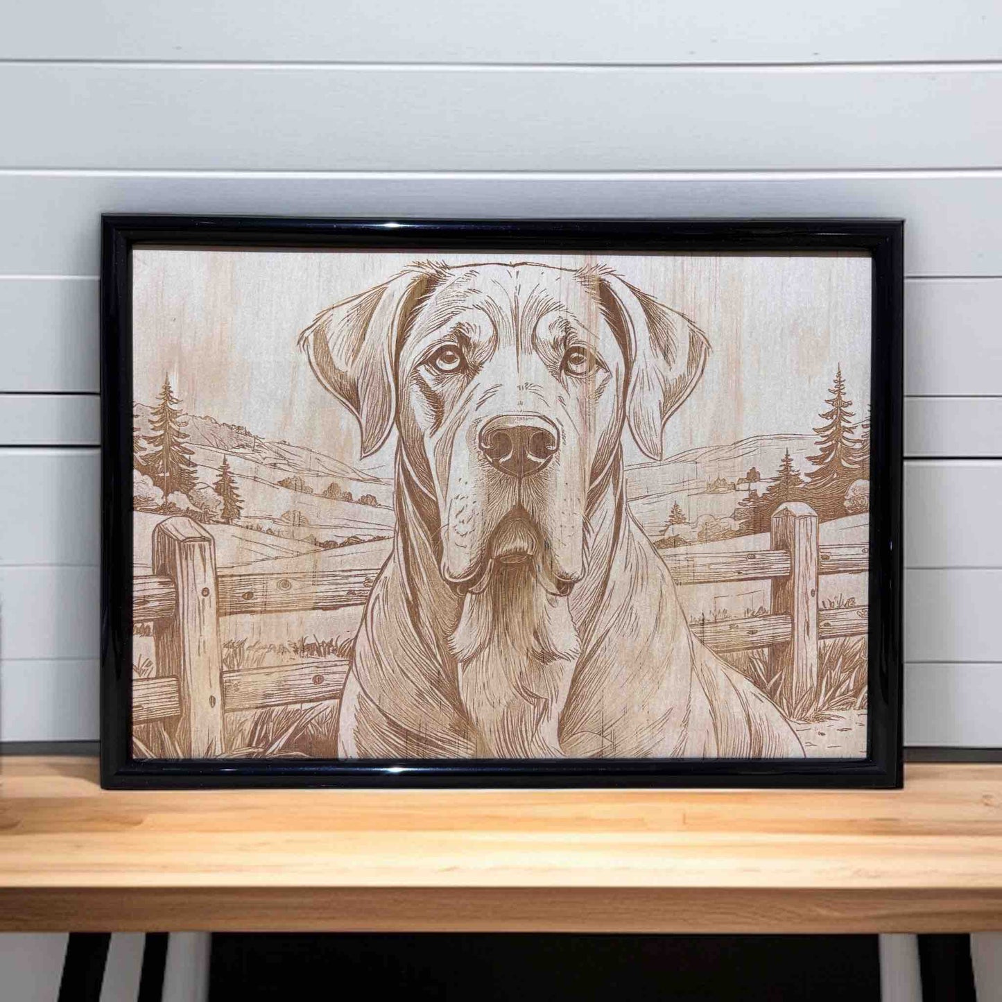 Wood engraved art of a gentle mastiff by a farm fence, framed decor by Laser Design Creations.