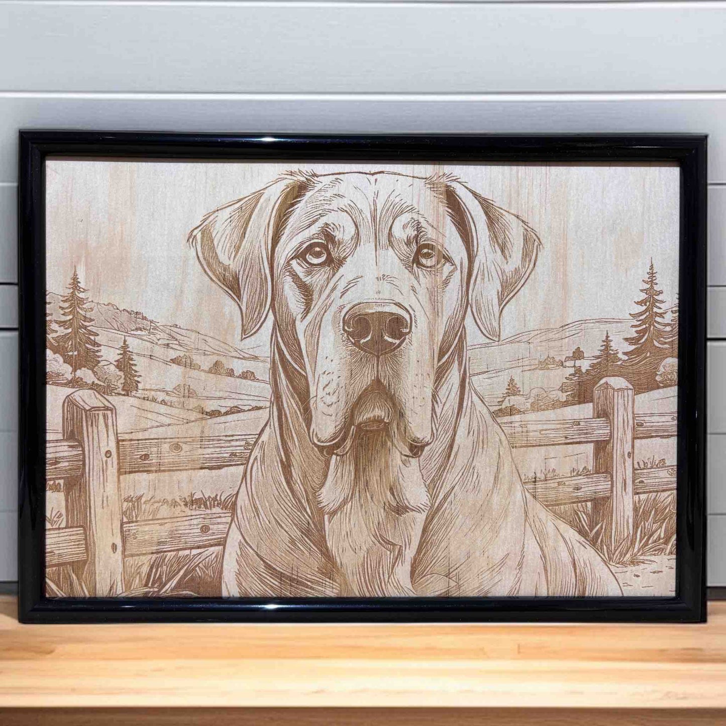 Lifestyle photo of gentle mastiff wood engraved art on shelf, Laser Design Creations Australian decor.