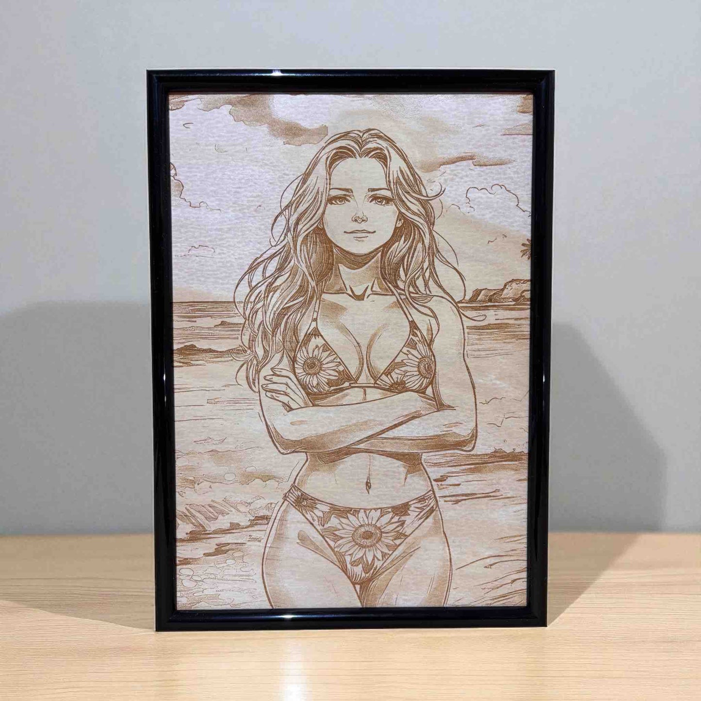 Framed wood engraved art of sunflower bikini beach girl, Laser Design Creations.