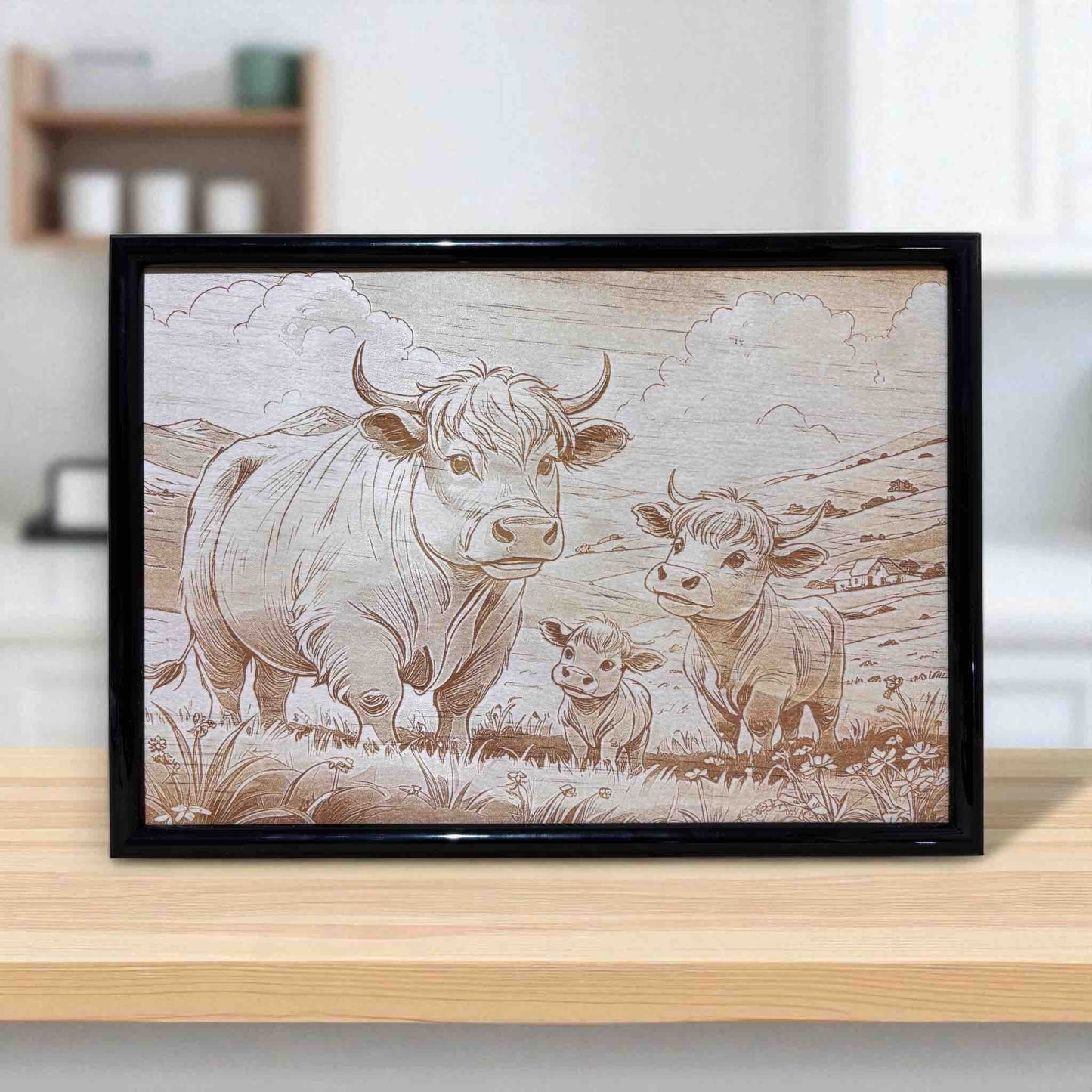 Highland cow family wood engraved art framed decor by Laser Design Creations.
