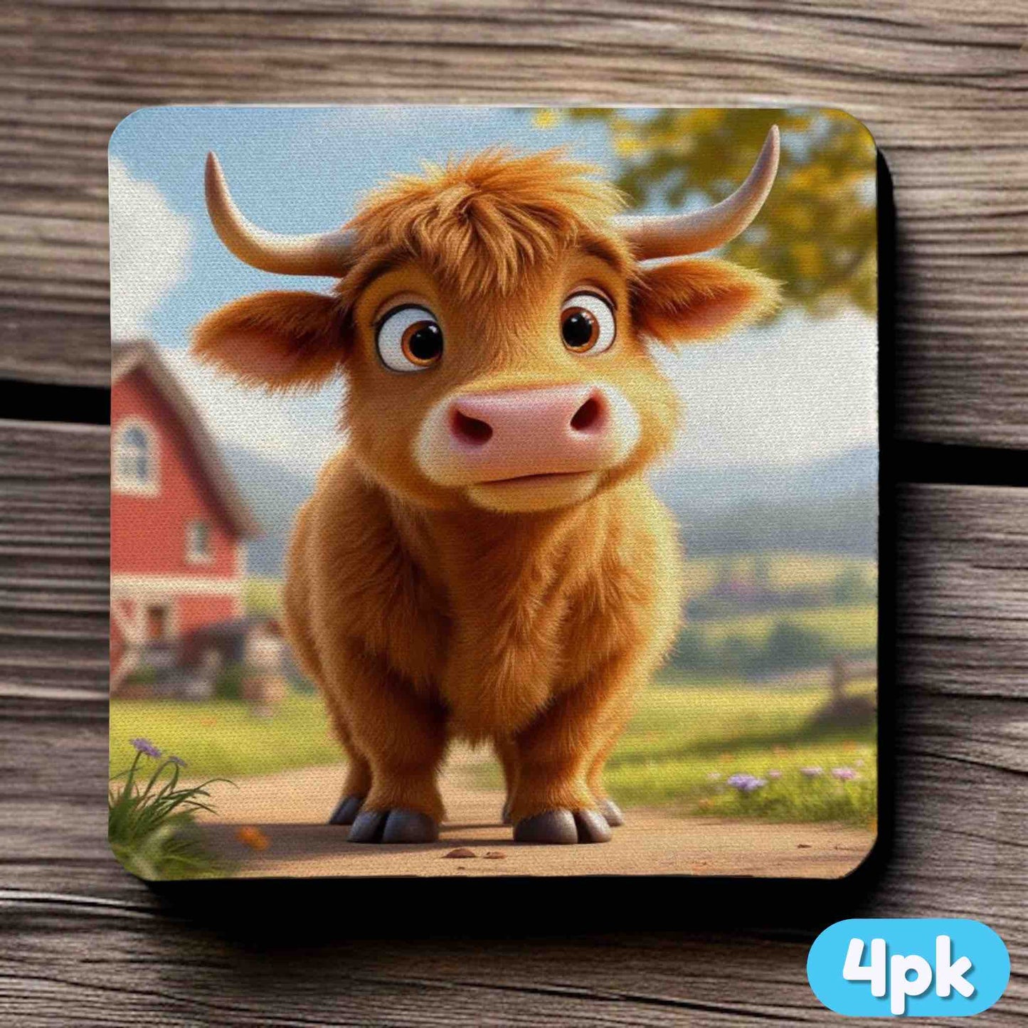 Top view of a set of four Highland calf neoprene coasters with farm scene and cute calf, by Laser Design Creations.