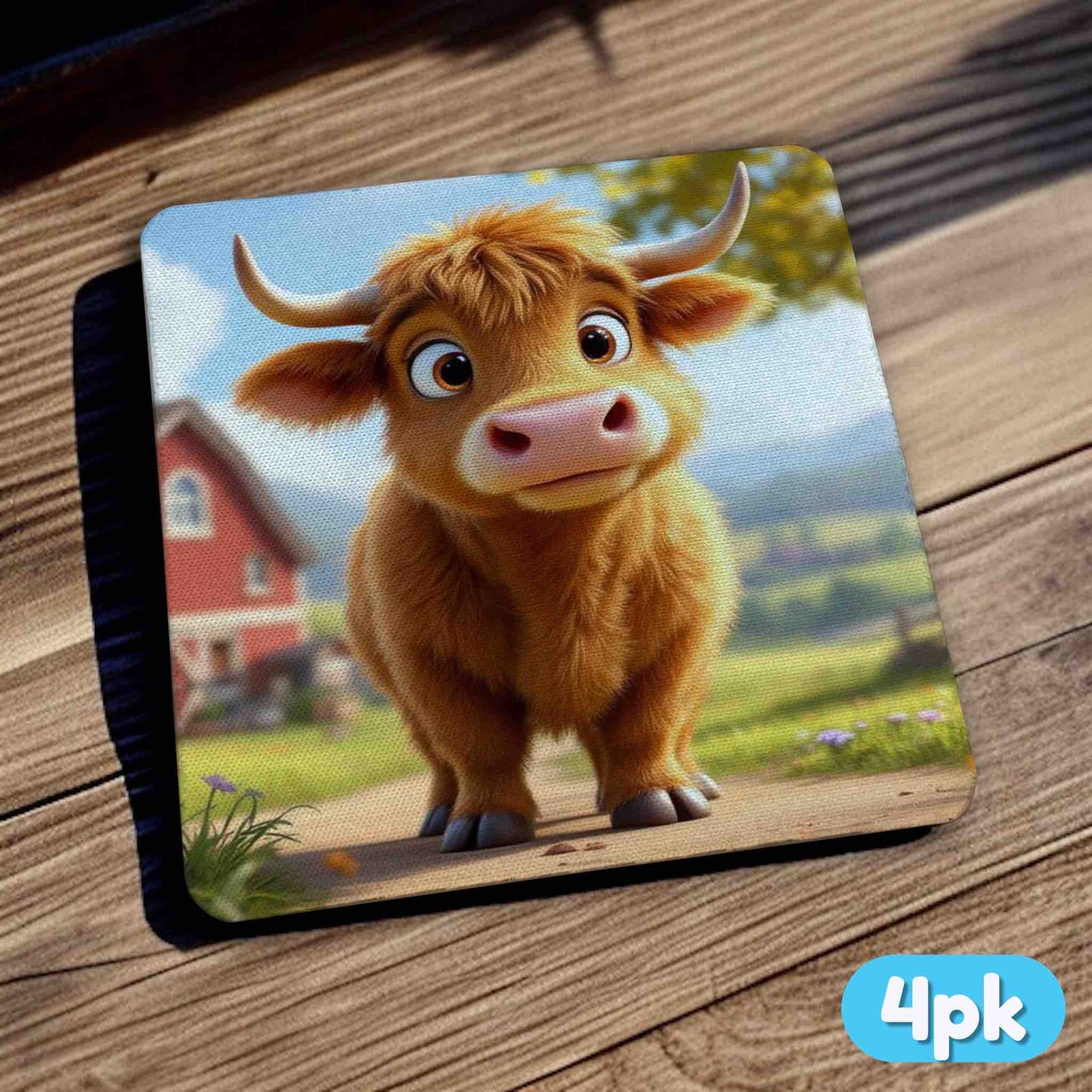 Side view of a set of four Highland calf neoprene coasters with farm landscape and calf, by Laser Design Creations.
