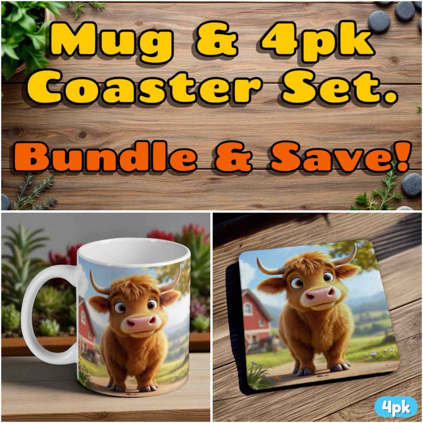 Highland calf mug and coaster combo gift set collage, cute animal and country background, by Laser Design Creations.