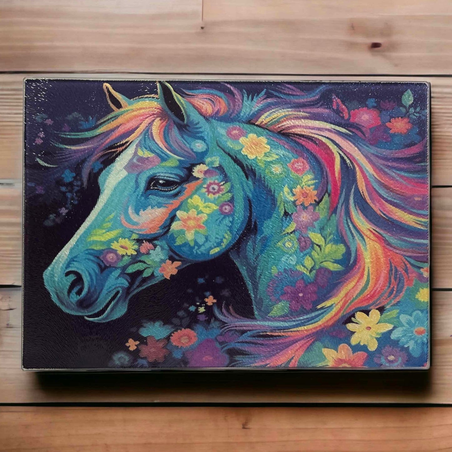 ‘Colourful Horse’ Art Style Design - Textured Glass Cutting / Serving Board - Laser Design Creations