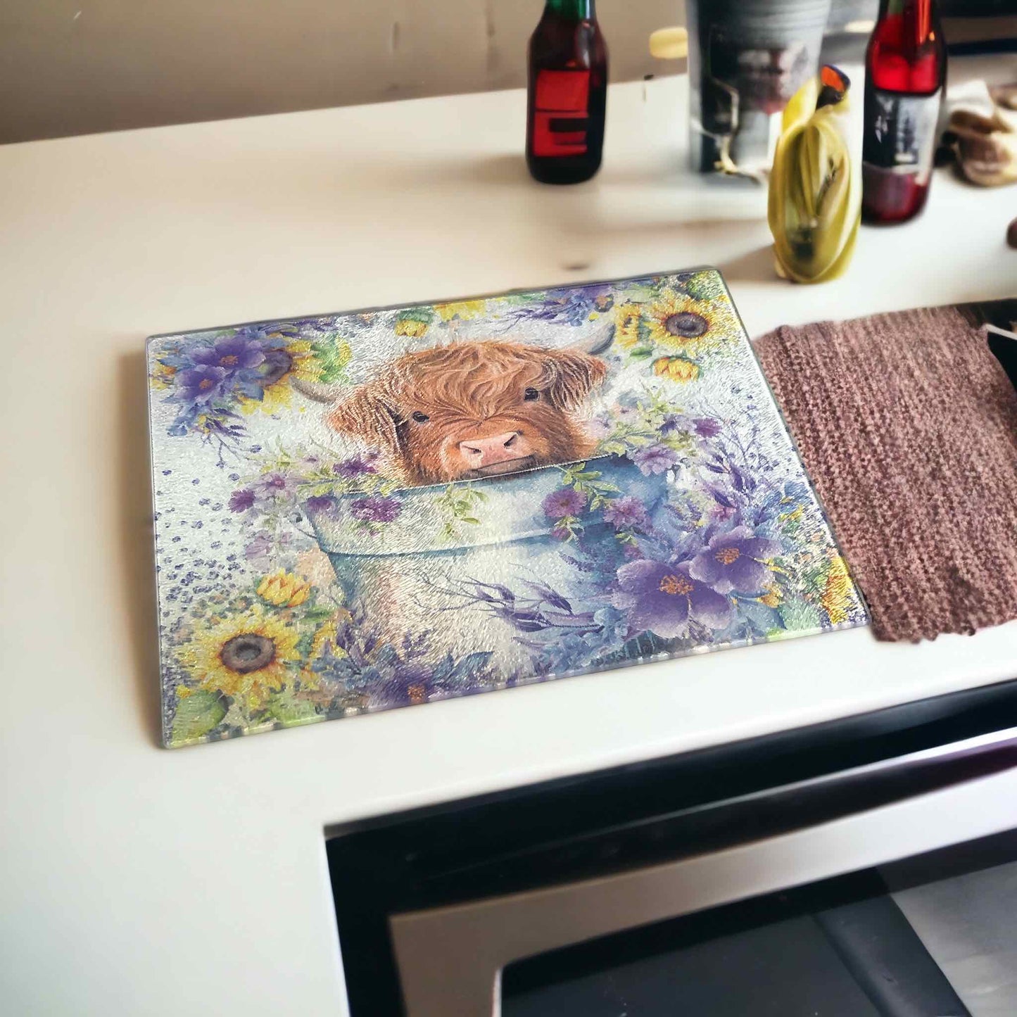 ‘Highland Calf in Bucket’ Design - Textured Glass Cutting / Serving Board - Laser Design Creations
