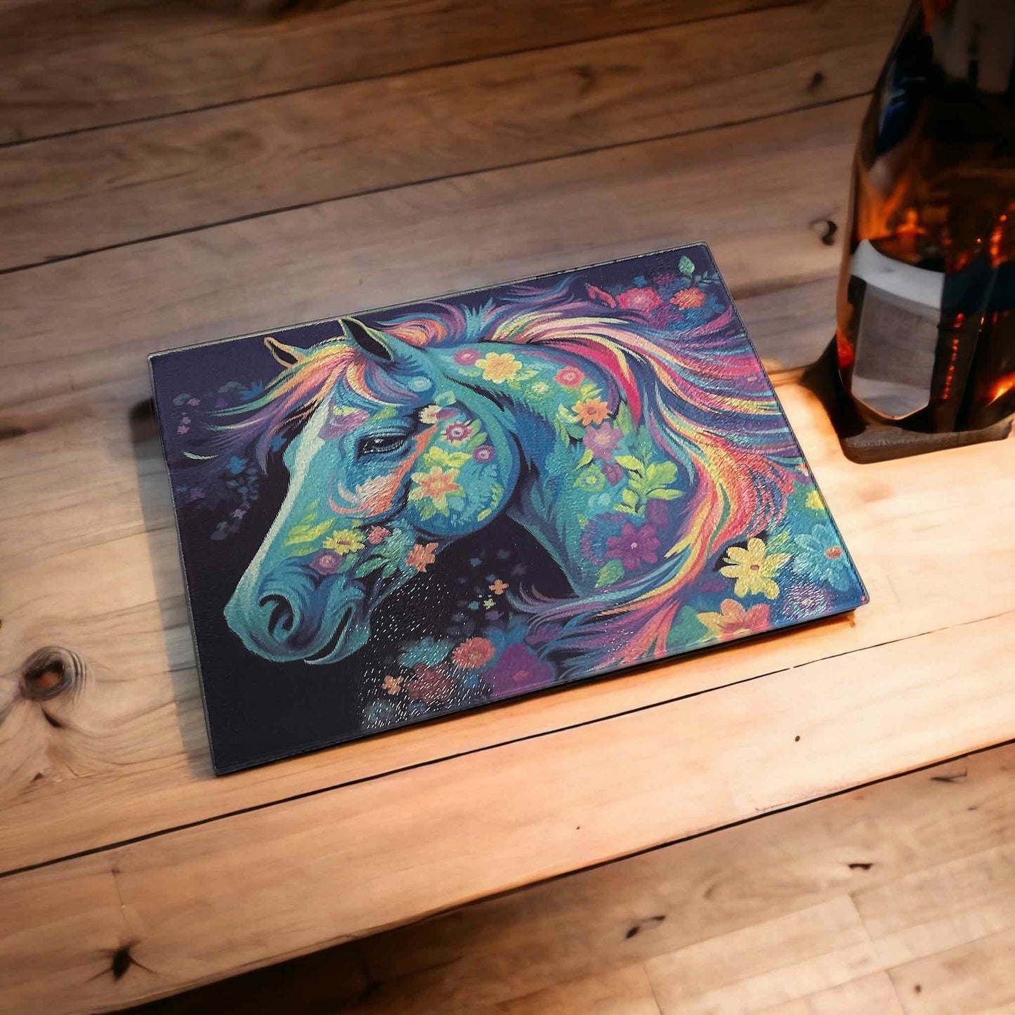 ‘Colourful Horse’ Art Style Design - Textured Glass Cutting / Serving Board - Laser Design Creations