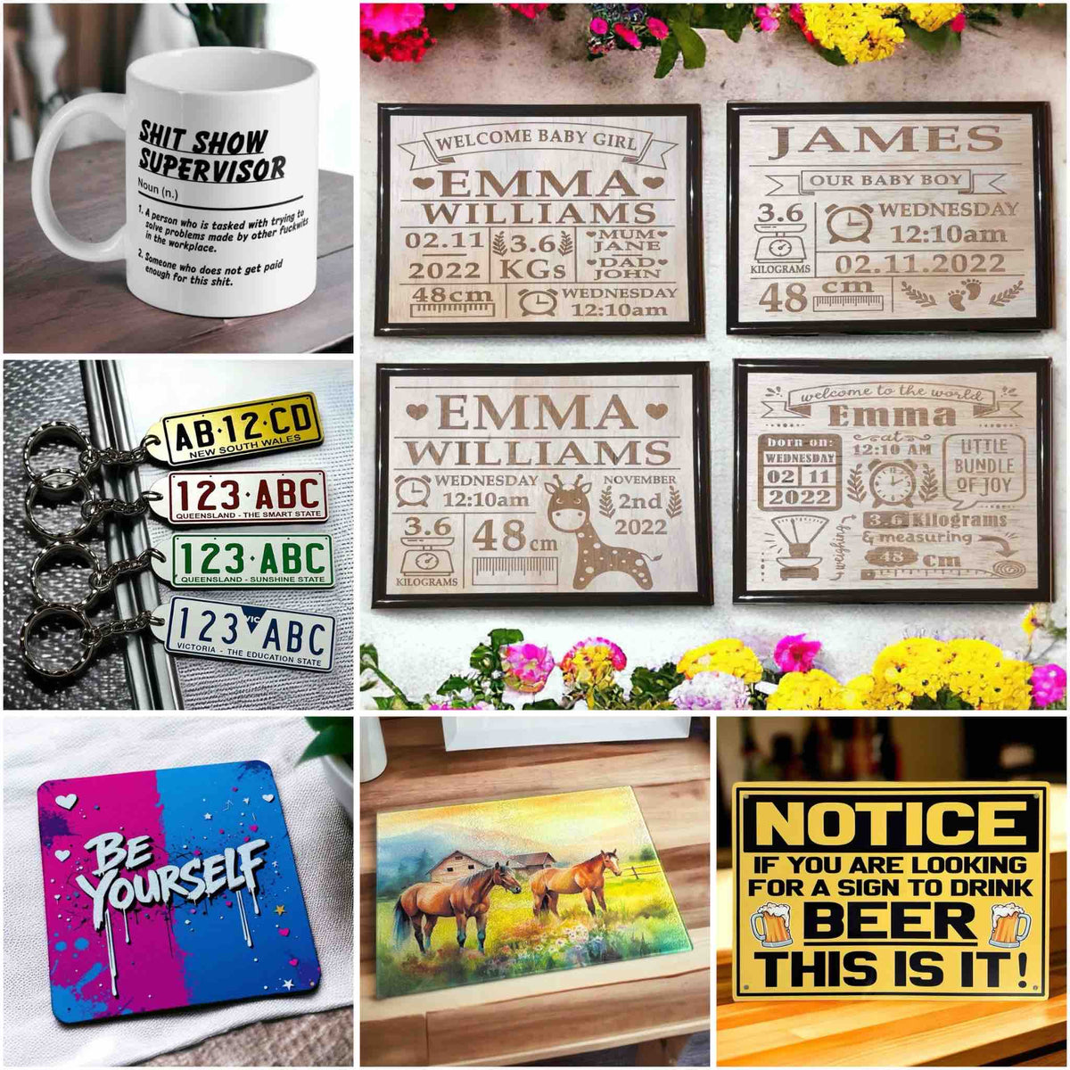 A selection of handmade gifts from Laser Design Creations—acrylic keyring, funny mug, framed wood art, glass chopping board, and inspirational coasters on a table