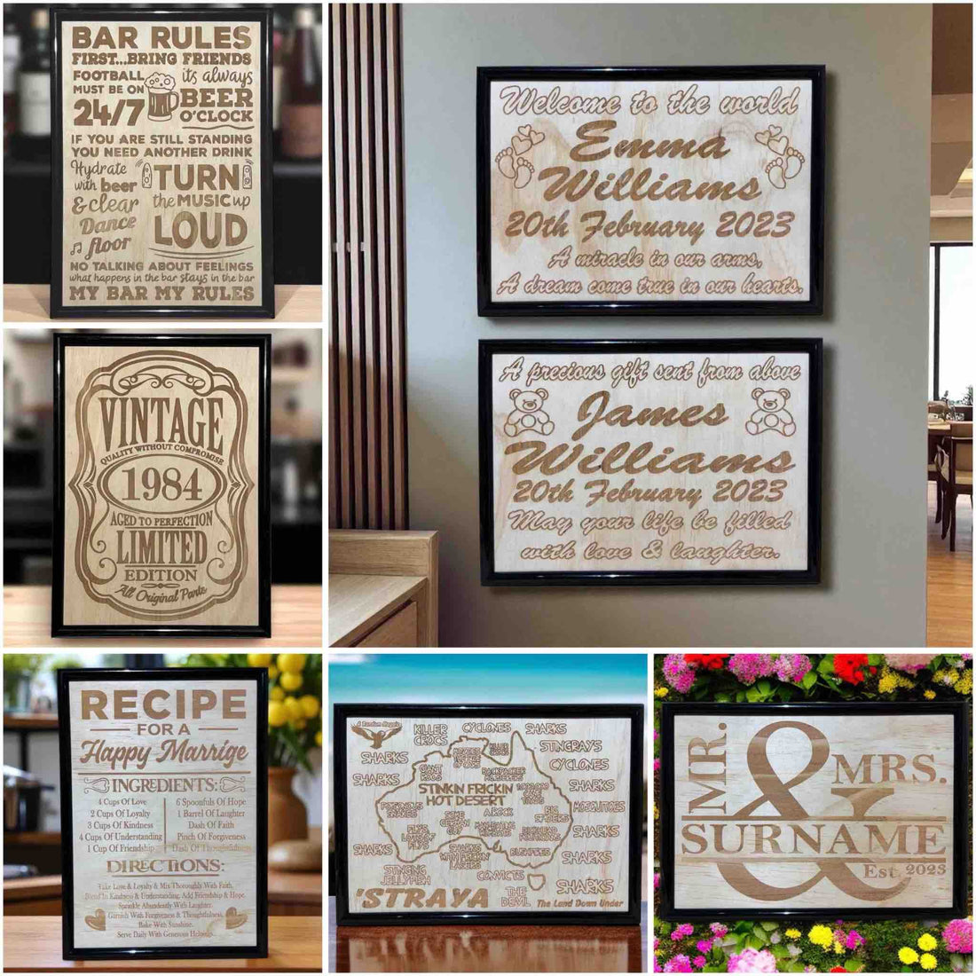 Framed wood engraved sign collection displayed in home and garden settings – unique personalized gifts and decor, including bar, wedding, birth, and Australian map designs by Laser Design Creations
