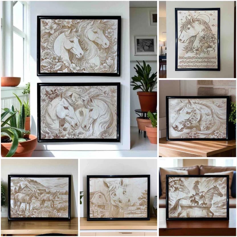 Collage of Australian made wood engraved horse art designs by Laser Design Creations, featuring floral horse portraits, inspirational horse quotes, country barn scenes, and western cowgirl artwork displayed in black frames.