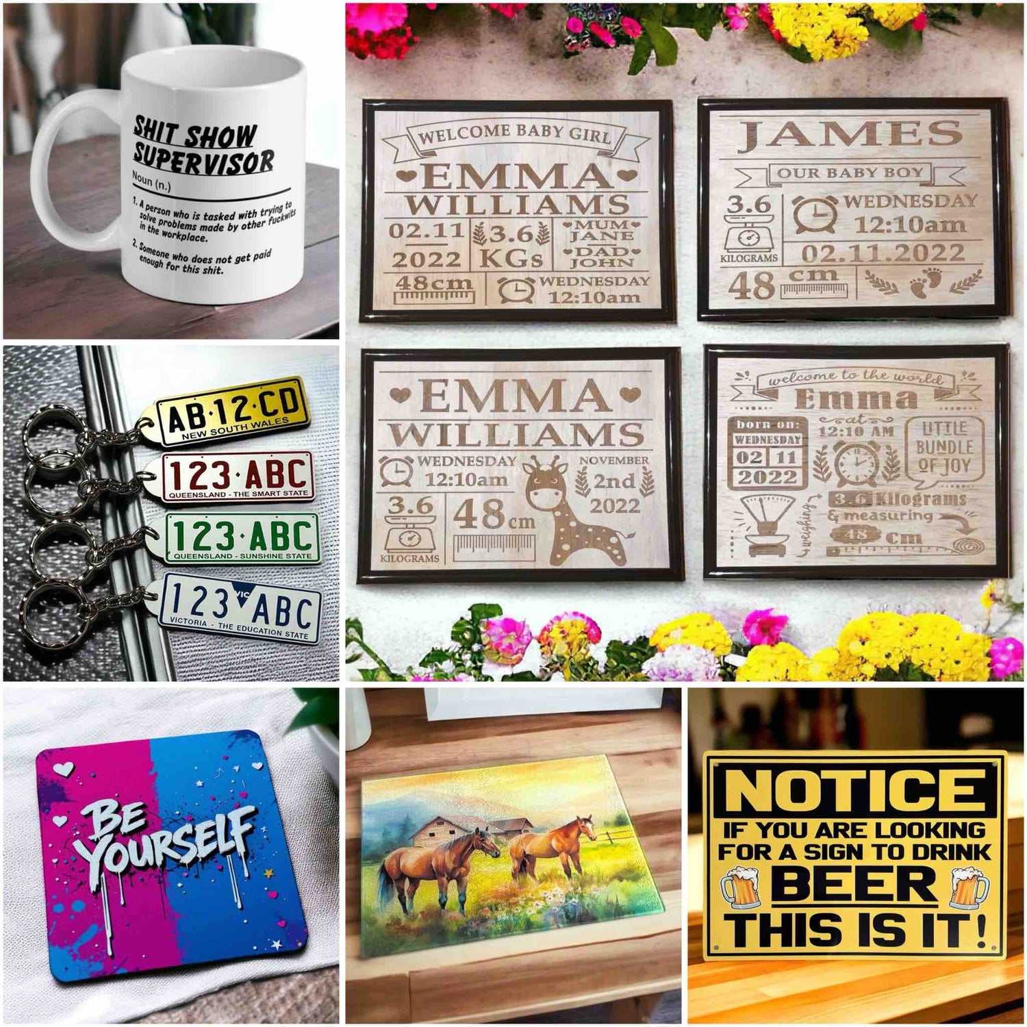 Laser Design Creations collection featuring custom mugs, engraved wood art, licence plate keyrings, colourful coasters, horse-themed chopping boards, and novelty signs.