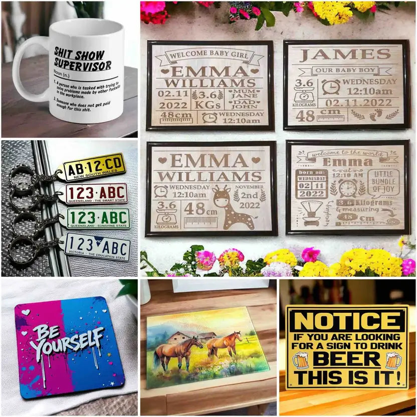 Laser Design Creations collection featuring custom mugs, engraved wood art, licence plate keyrings, colourful coasters, horse-themed chopping boards, and novelty signs.