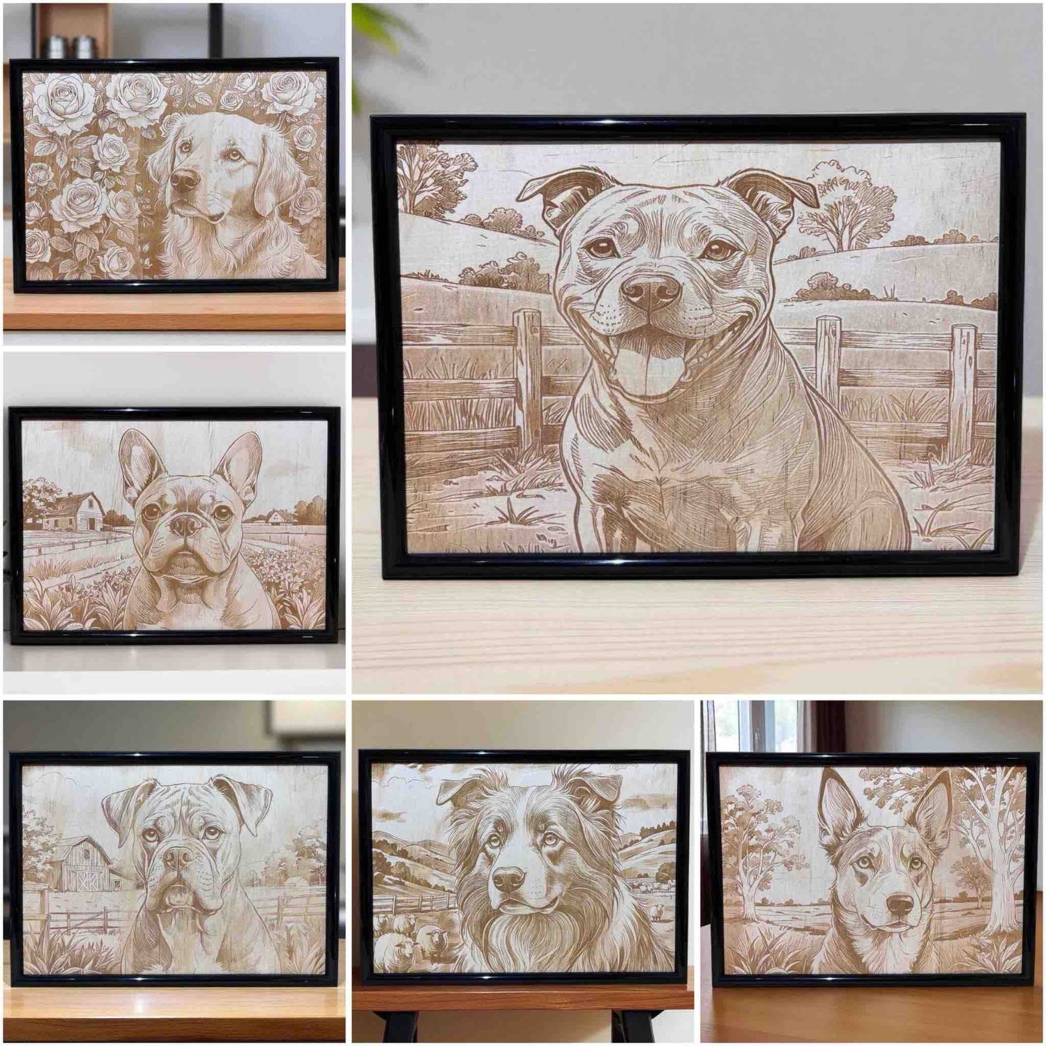 Framed wood engraved dog art collection displayed on shelves – unique hand-drawn pet portraits in country-style settings, exclusive to Laser Design Creations Australia