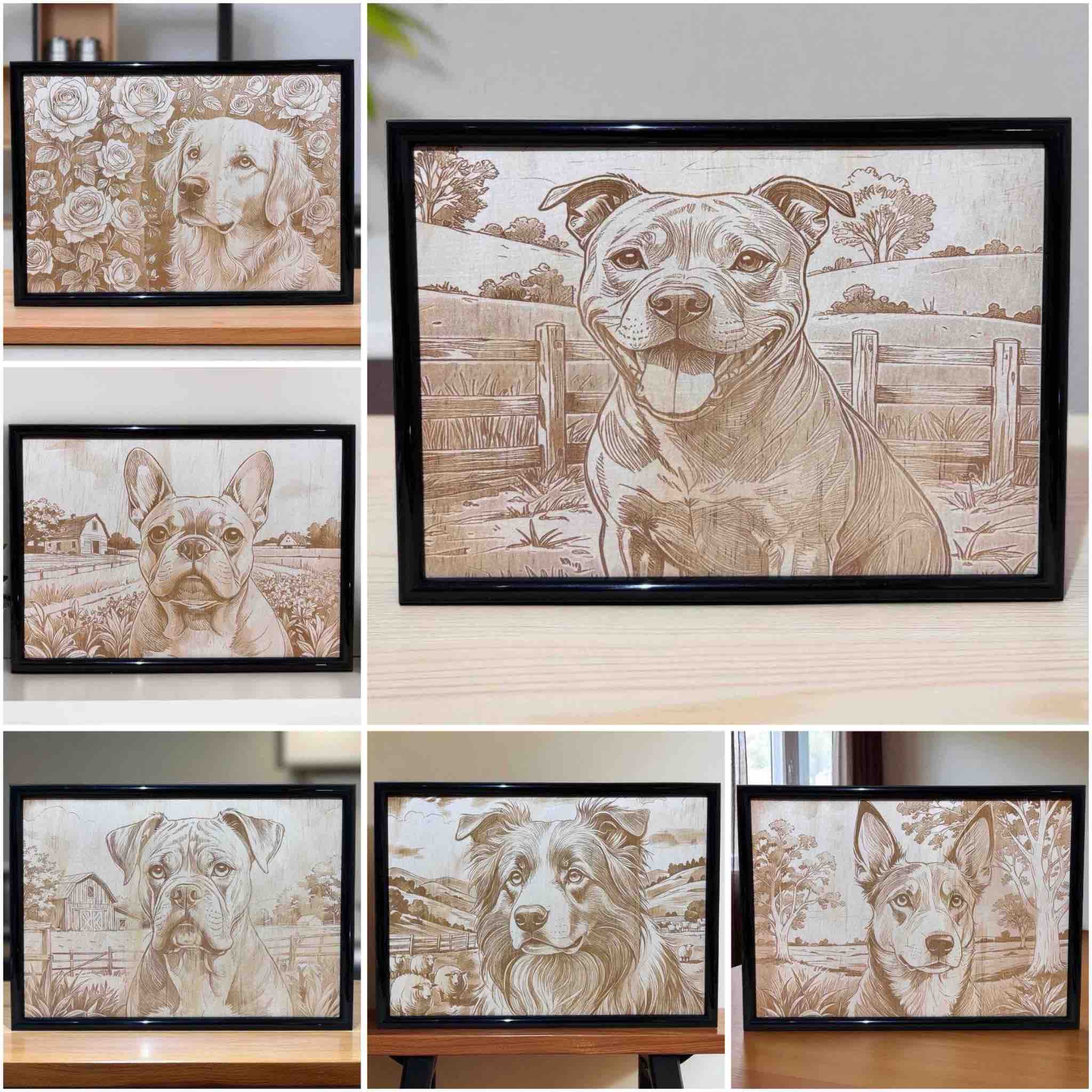 Framed wood engraved dog art collection displayed on shelves – unique hand-drawn pet portraits in country-style settings, exclusive to Laser Design Creations Australia