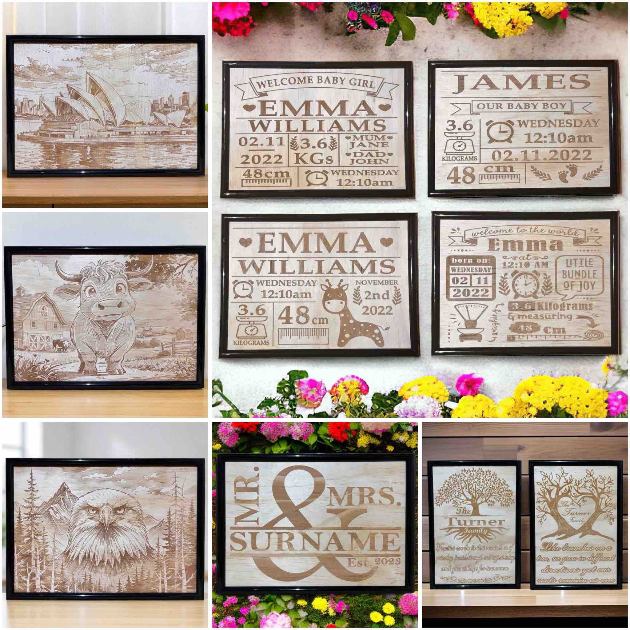 Framed wood engraved sign collection displayed with flowers and home decor – unique custom gifts including baby birth plaques, surname signs, and nature-inspired artwork by Laser Design Creations Australia.