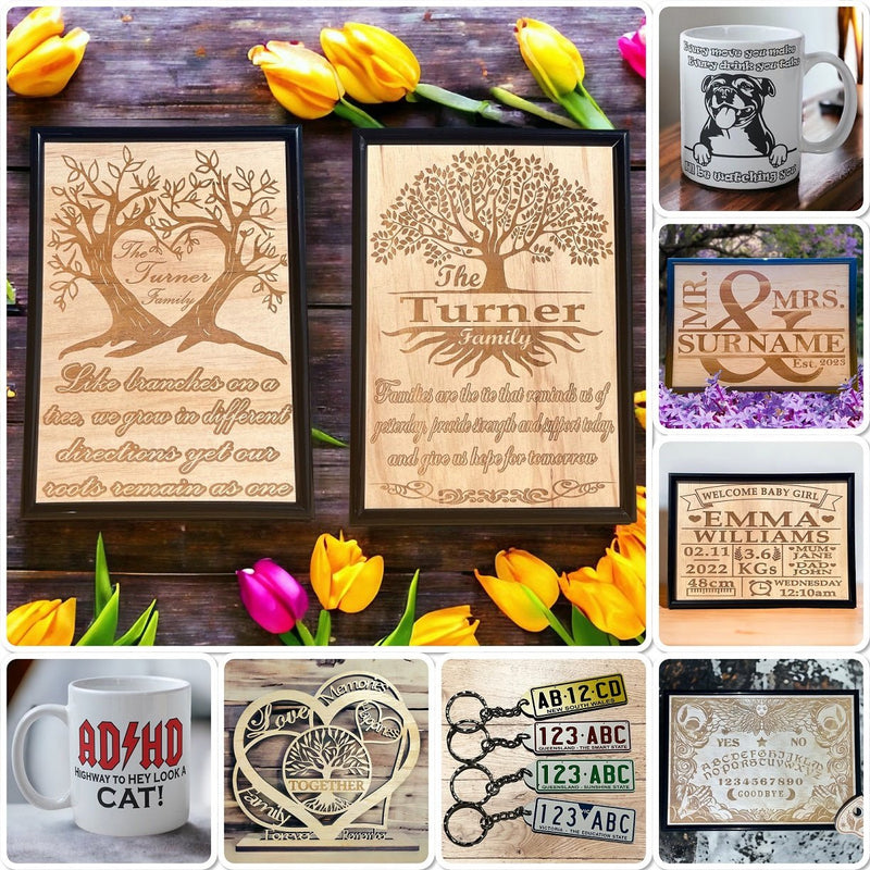 Personalised mugs, engraved wood art, and unique gifts by Laser Design Creations Australia on display