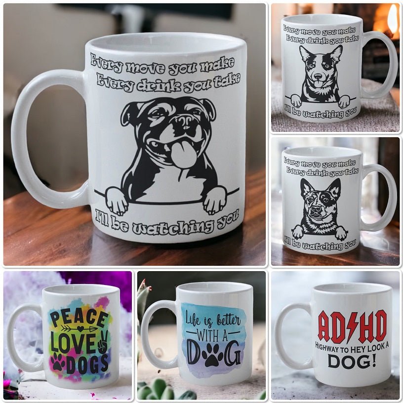 Dog design mugs collection, unique gifts for dog lovers by Laser Design Creations Australia