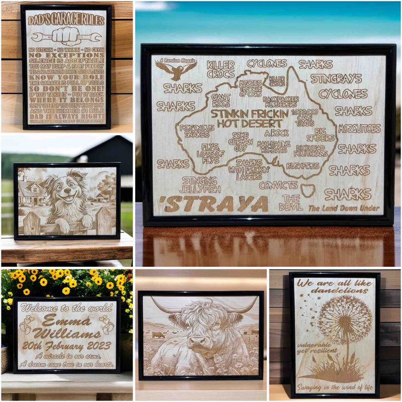 Framed wood engraved sign collection photographed outdoors and with flowers – unique Aussie gifts and décor including map art, pet portraits, personalised plaques, and inspirational quotes by Laser Design Creations.
