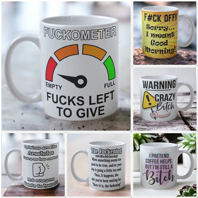 Adult humour mugs collection, funny and cheeky ceramic coffee mugs by Laser Design Creations Australia