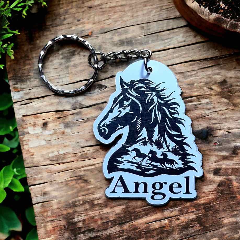 Horse silhouette Art Design Keyring / Bag Tag - Standard or Personalised - Laser Design Creations