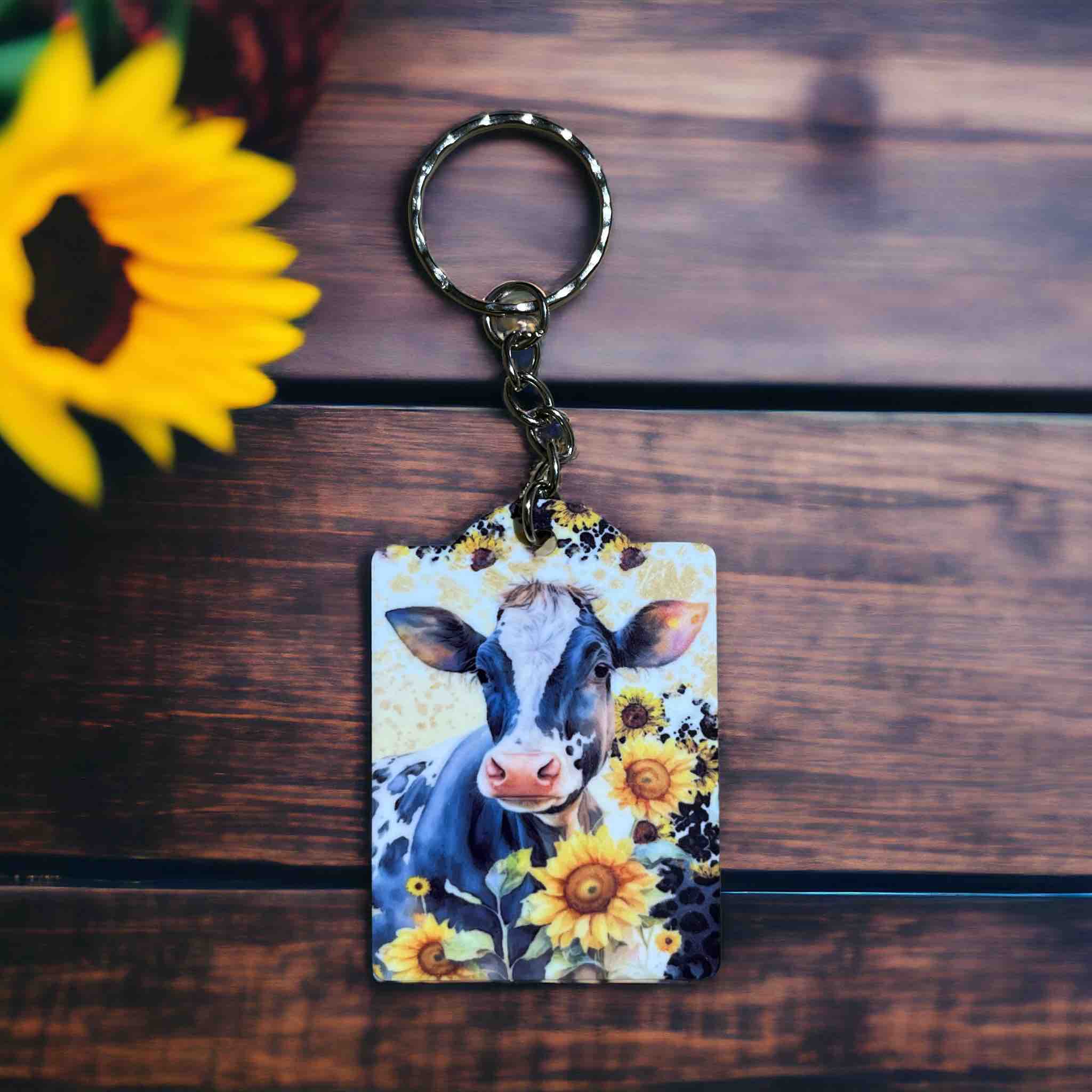 Udderly Adorable Cow & Sunflower Keychain - Keyring / Bag Tag - Laser Design Creations