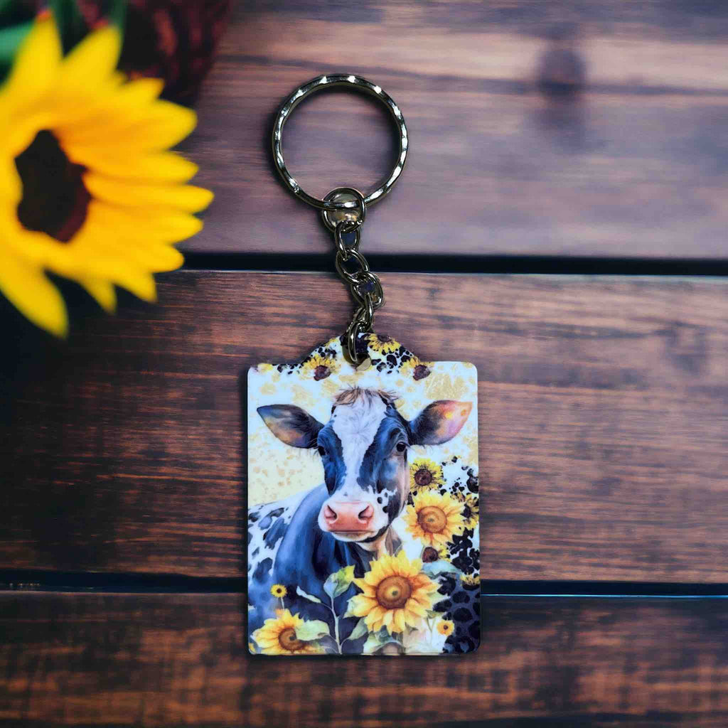 Udderly Adorable Cow & Sunflower Keychain - Keyring / Bag Tag - Laser Design Creations