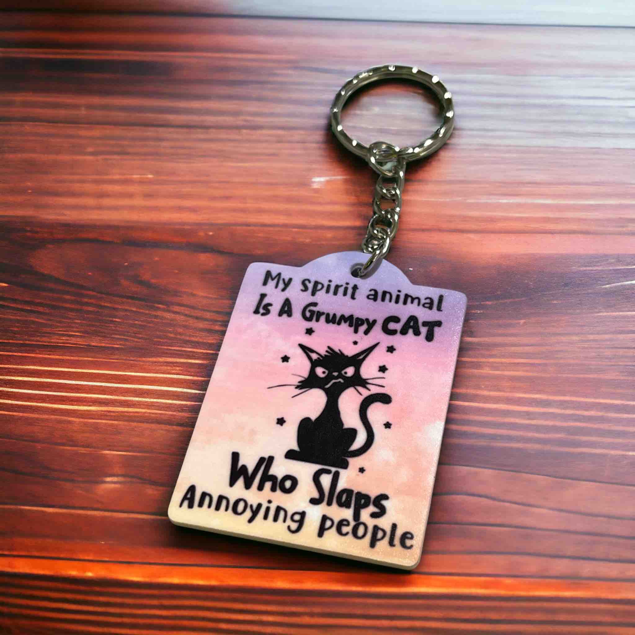 Grumpy Cat Spirit Animal Keychain - Slap Away Annoyances! - Keyring / Bag Tag - Laser Design Creations