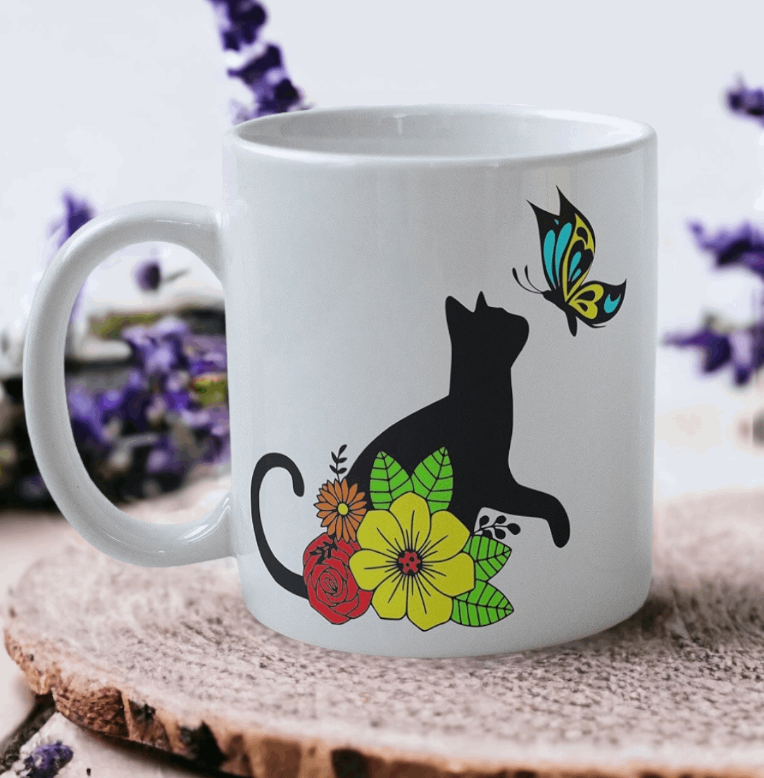 Colourful 'Cat with Butterfly' Design Mug - Laser Design Creations