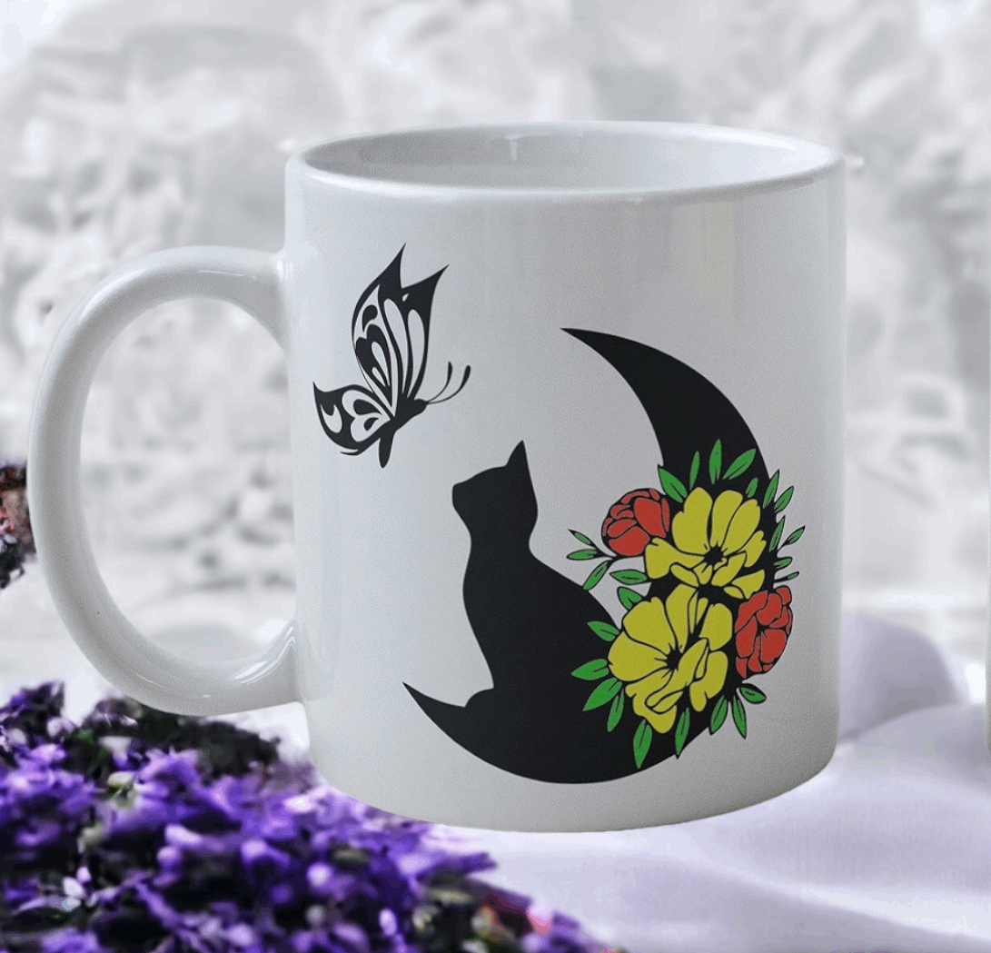 'Moon Phase Floral Cat' Design Mug - Laser Design Creations