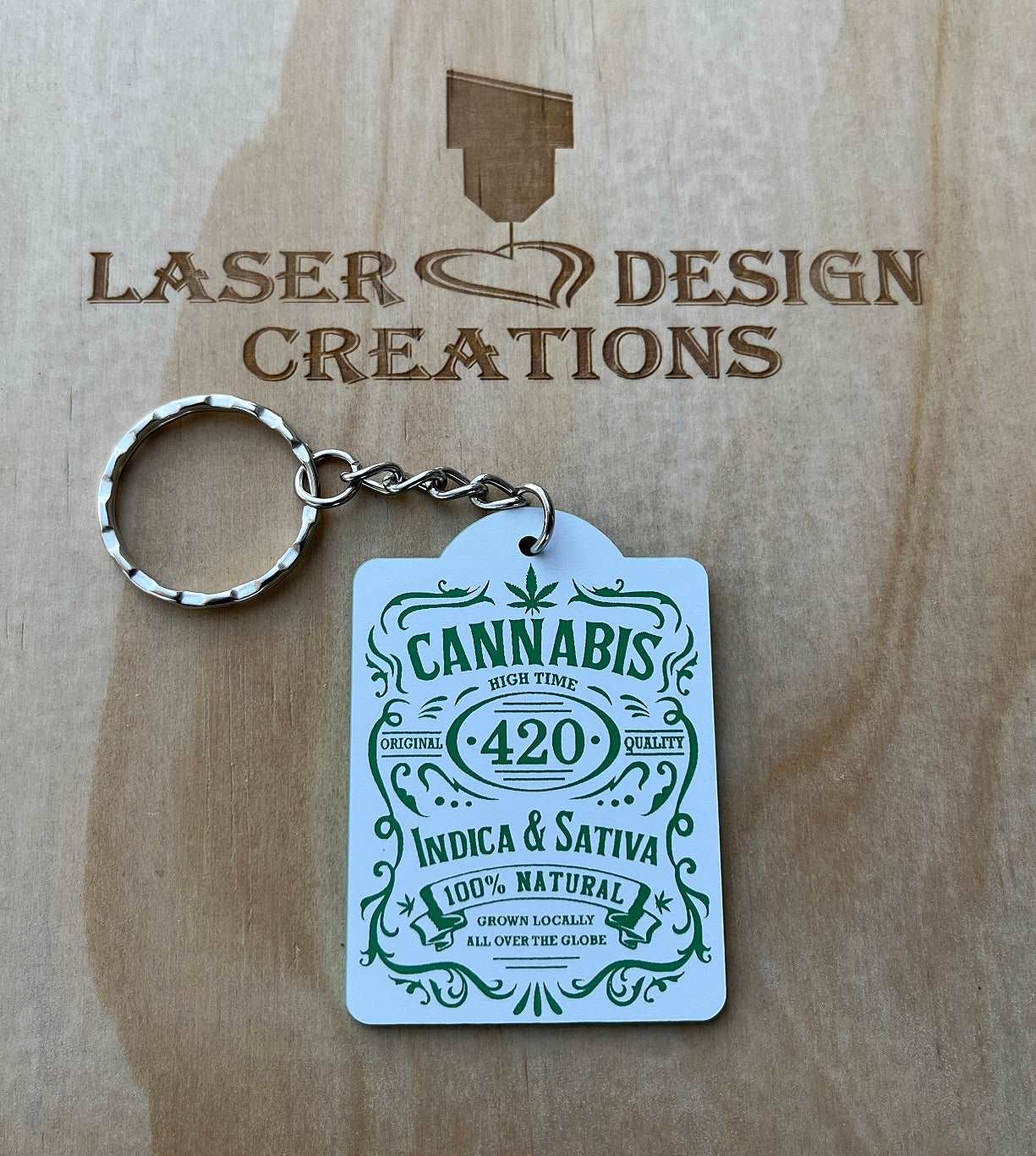 Cannabis 'Indica / Sativa' Theme Keyring - Laser Design Creations