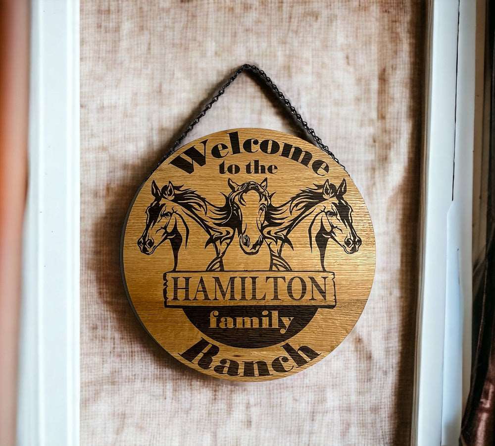 Personalised Family Name Horse Theme Hanging Sign - Wood Engraved - Laser Design Creations