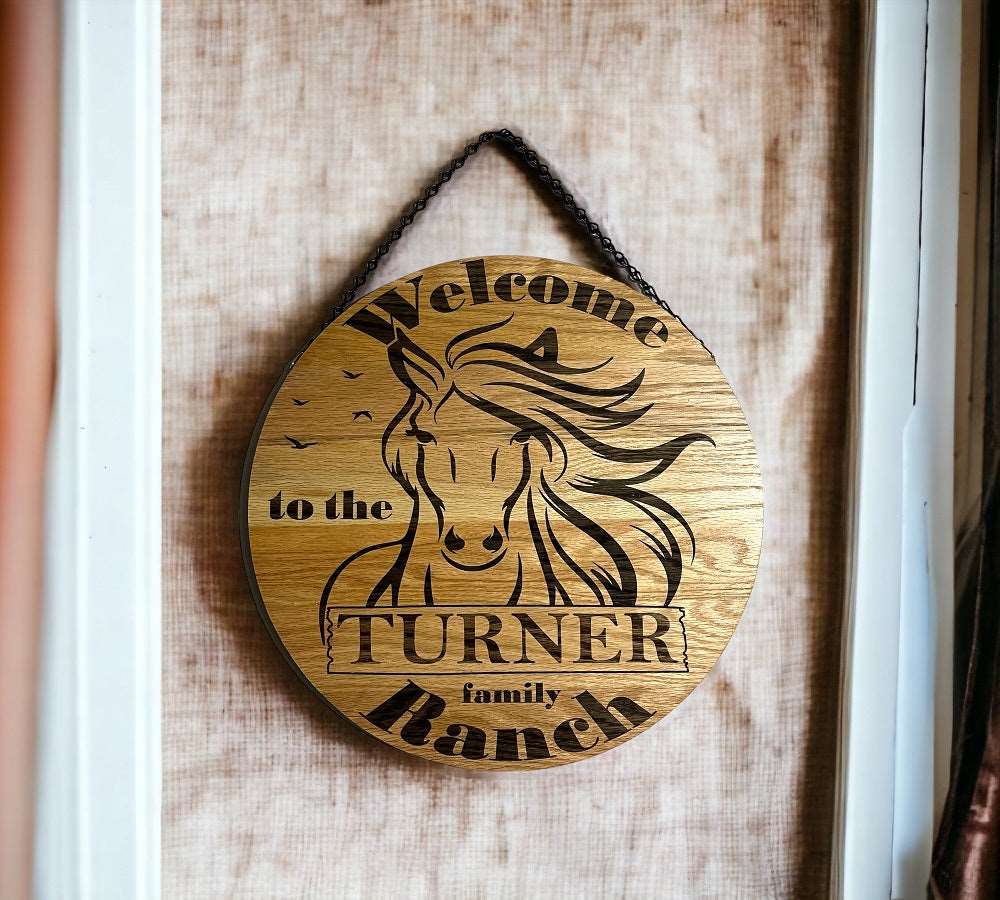 Personalised Family Name Horse Theme Hanging Sign - Wood Engraved - Laser Design Creations