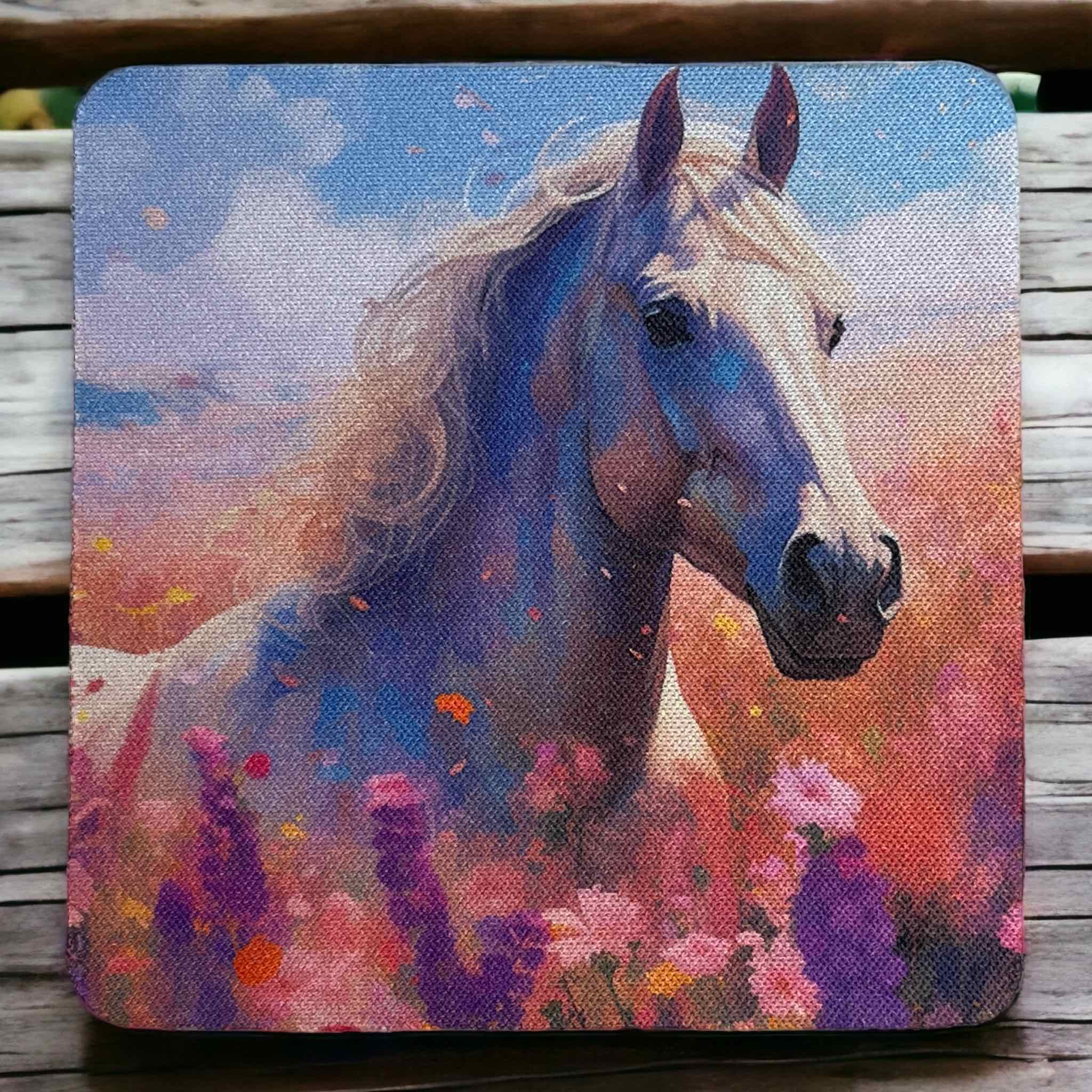 'Horse in Field of Flowers’ Art Style Design - Neoprene Coasters - Laser Design Creations