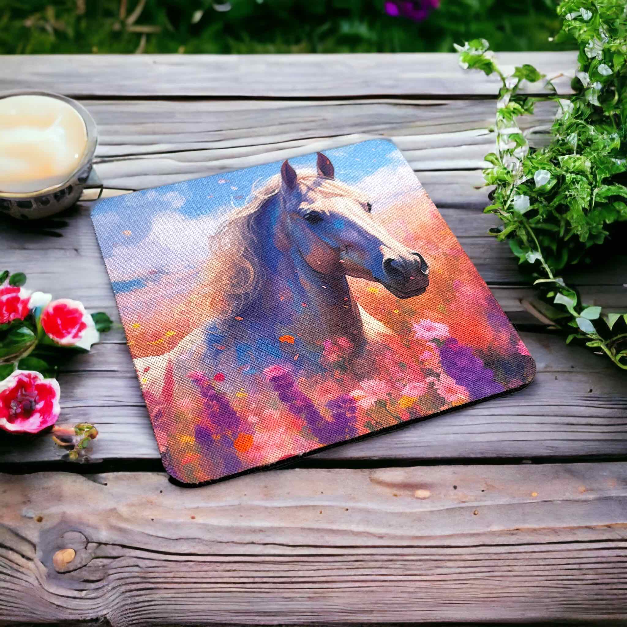 'Horse in Field of Flowers’ Art Style Design - Neoprene Coasters - Laser Design Creations