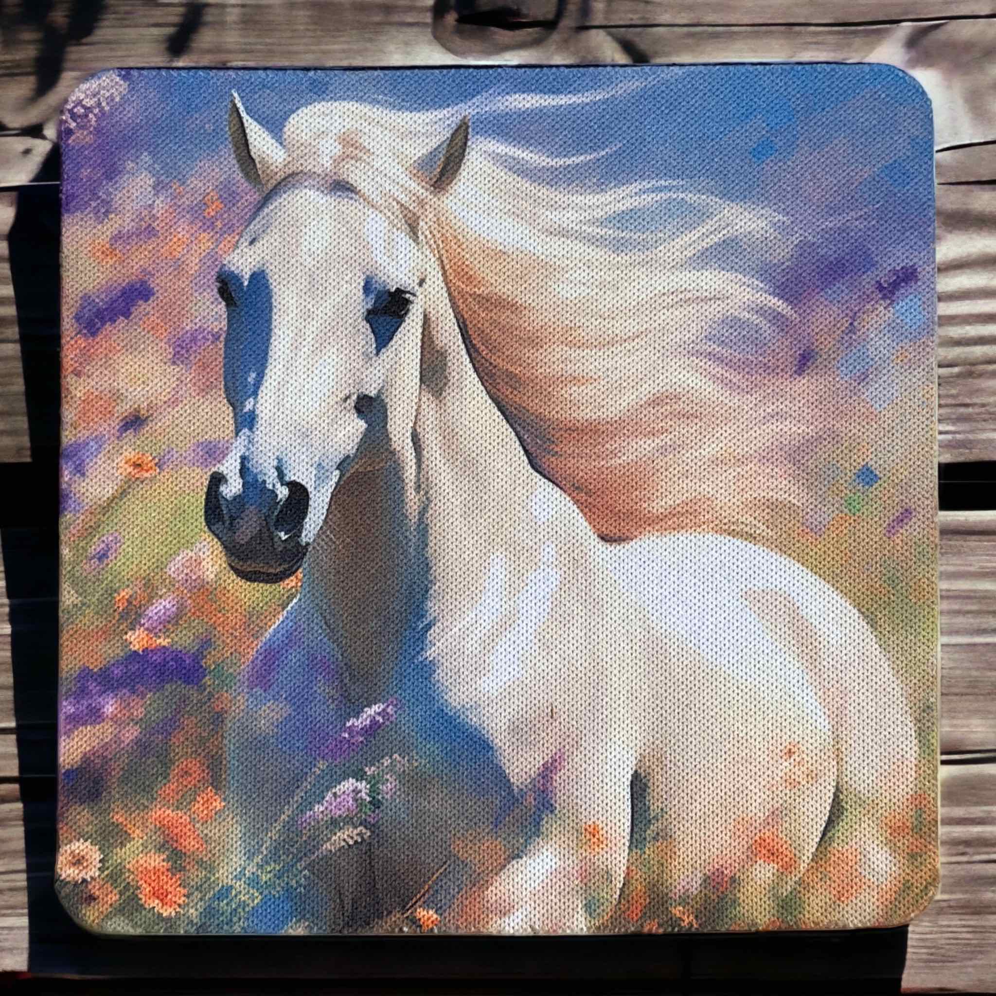 'Horse in Field of Flowers’ Art Style Design - Neoprene Coasters - Laser Design Creations