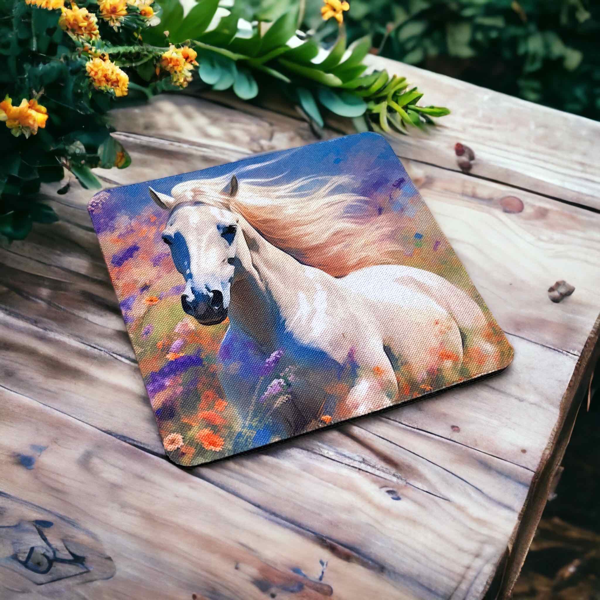 'Horse in Field of Flowers’ Art Style Design - Neoprene Coasters - Laser Design Creations