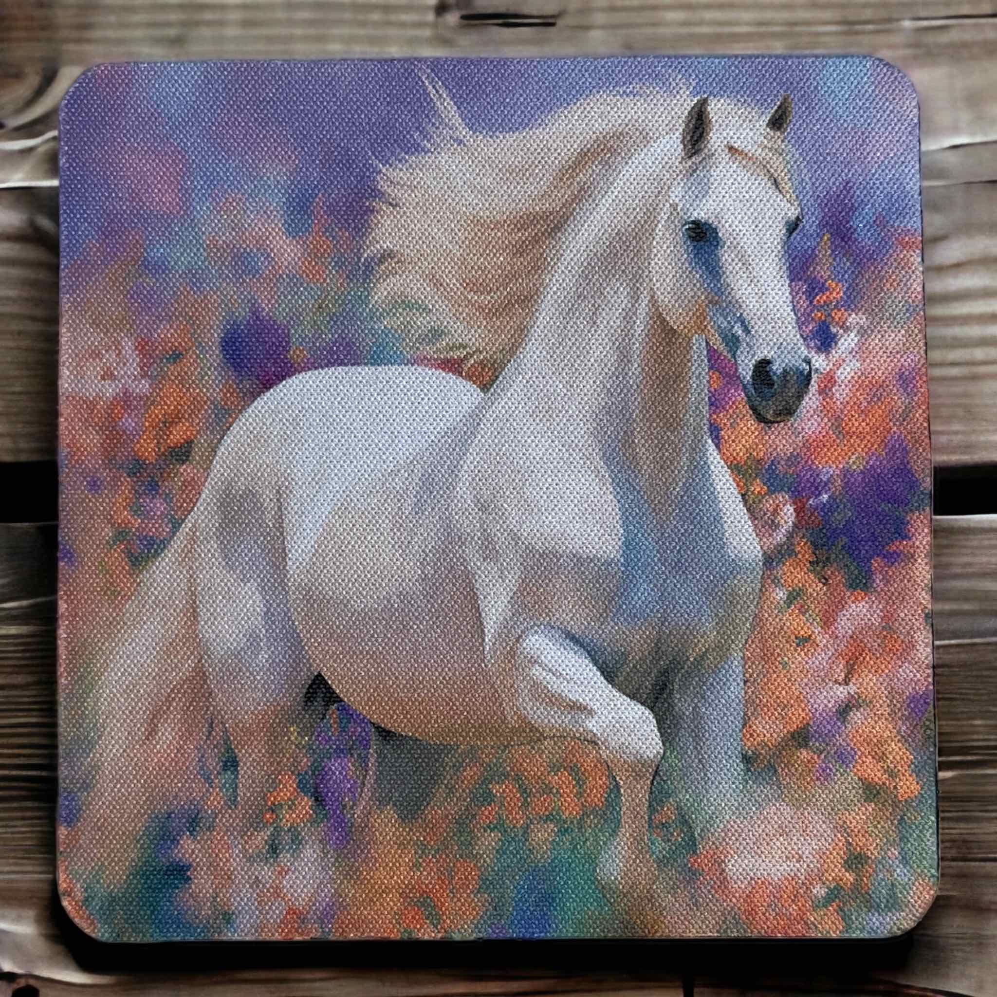 'Horse in Field of Flowers’ Art Style Design - Neoprene Coasters - Laser Design Creations