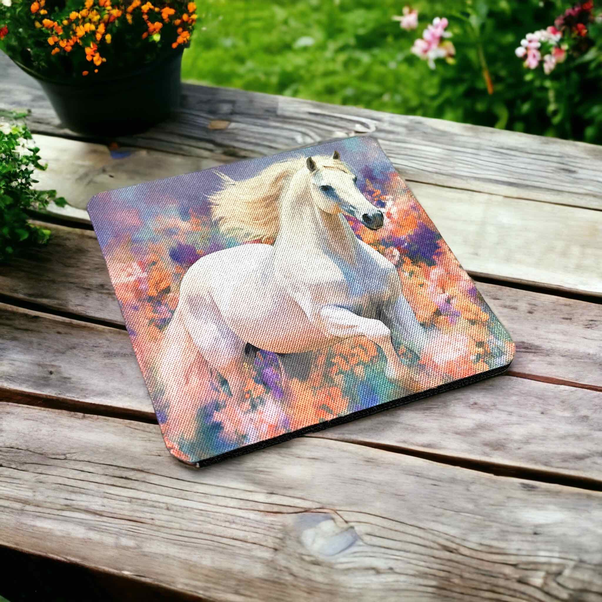 'Horse in Field of Flowers’ Art Style Design - Neoprene Coasters - Laser Design Creations