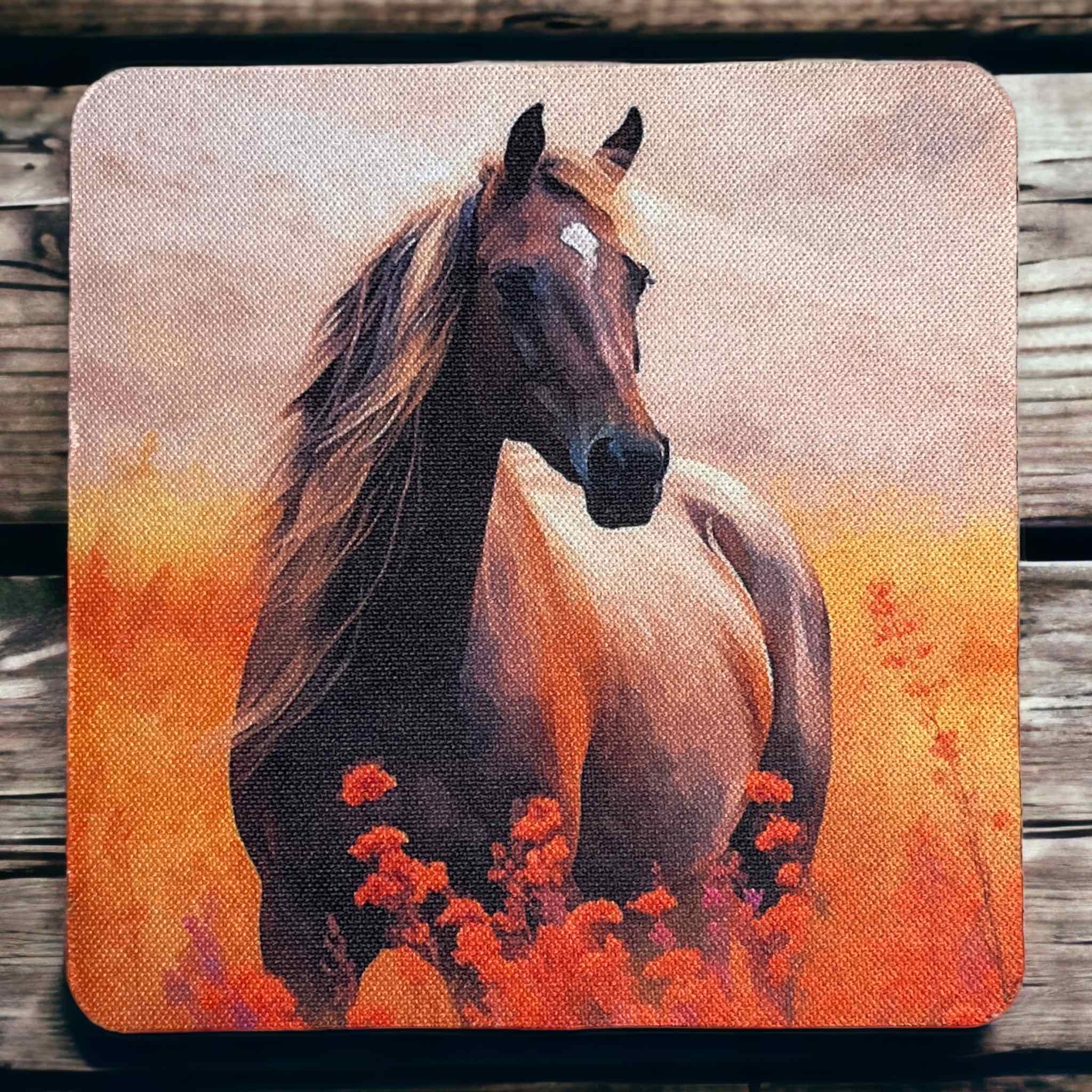 'Horse in Field of Flowers’ Art Style Design - Neoprene Coasters - Laser Design Creations