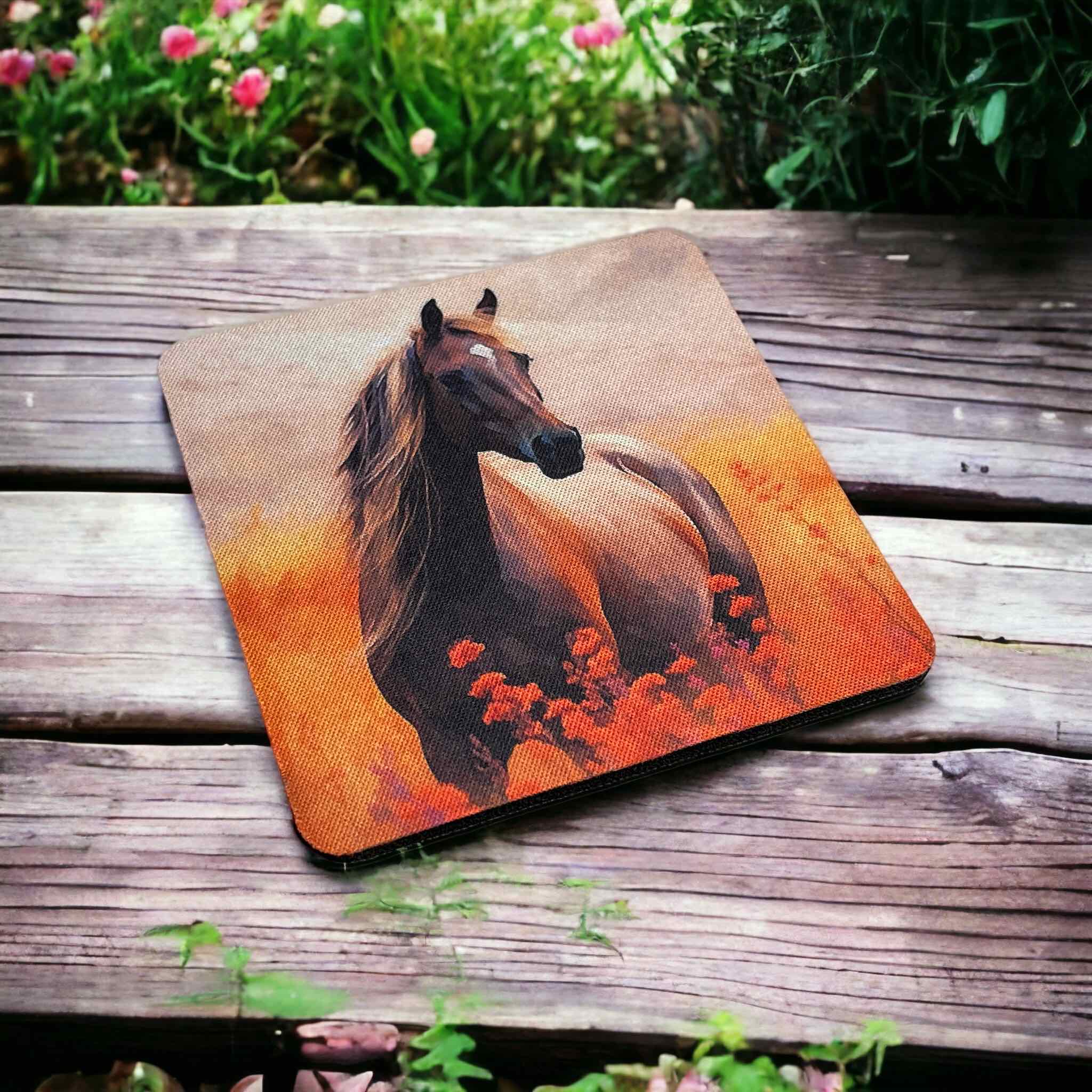 'Horse in Field of Flowers’ Art Style Design - Neoprene Coasters - Laser Design Creations