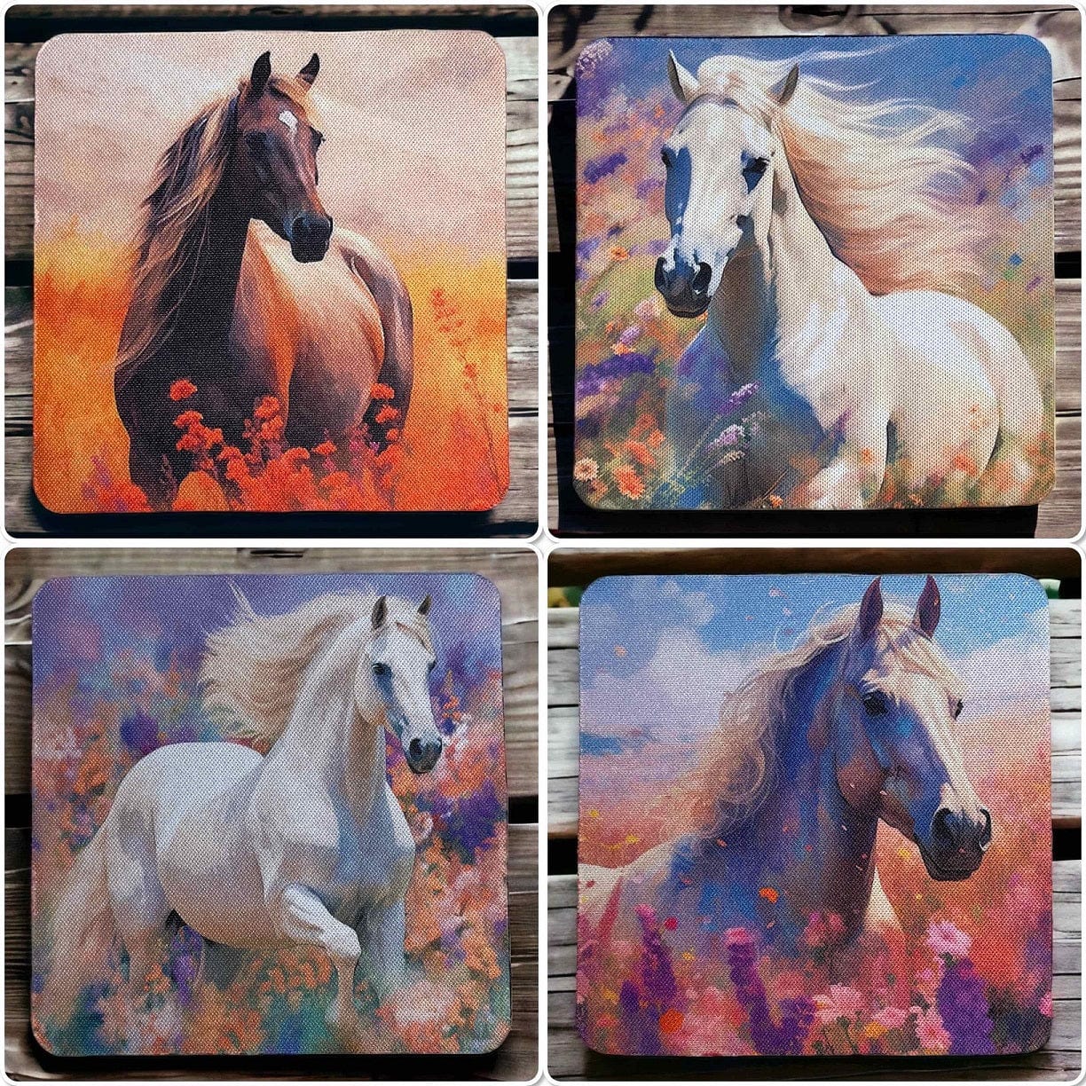 'Horse in Field of Flowers’ Art Style Design - Neoprene Coasters - Laser Design Creations