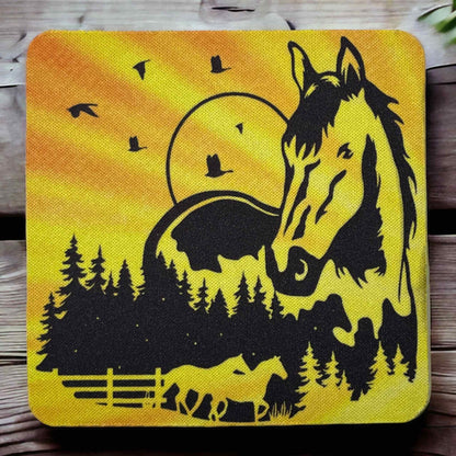 'Horse Sunrise' Art Design - Neoprene Coaster - Laser Design Creations