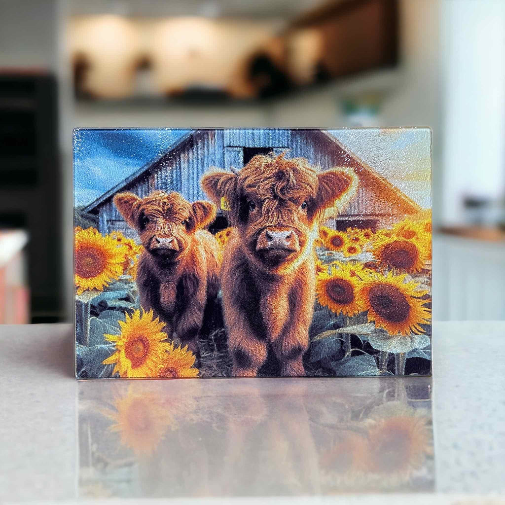 Sunflower Highland Calf Design - Textured Glass Cutting / Serving Board - Laser Design Creations