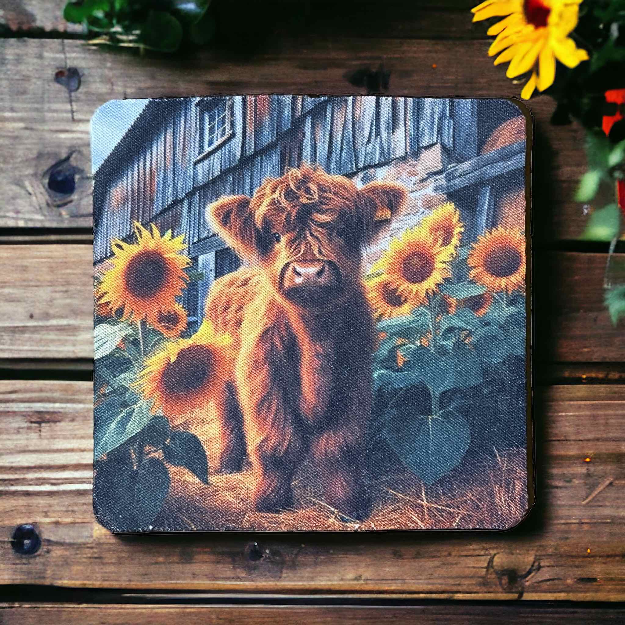 Sunflower Highland Calf Design - Neoprene Coaster - Laser Design Creations