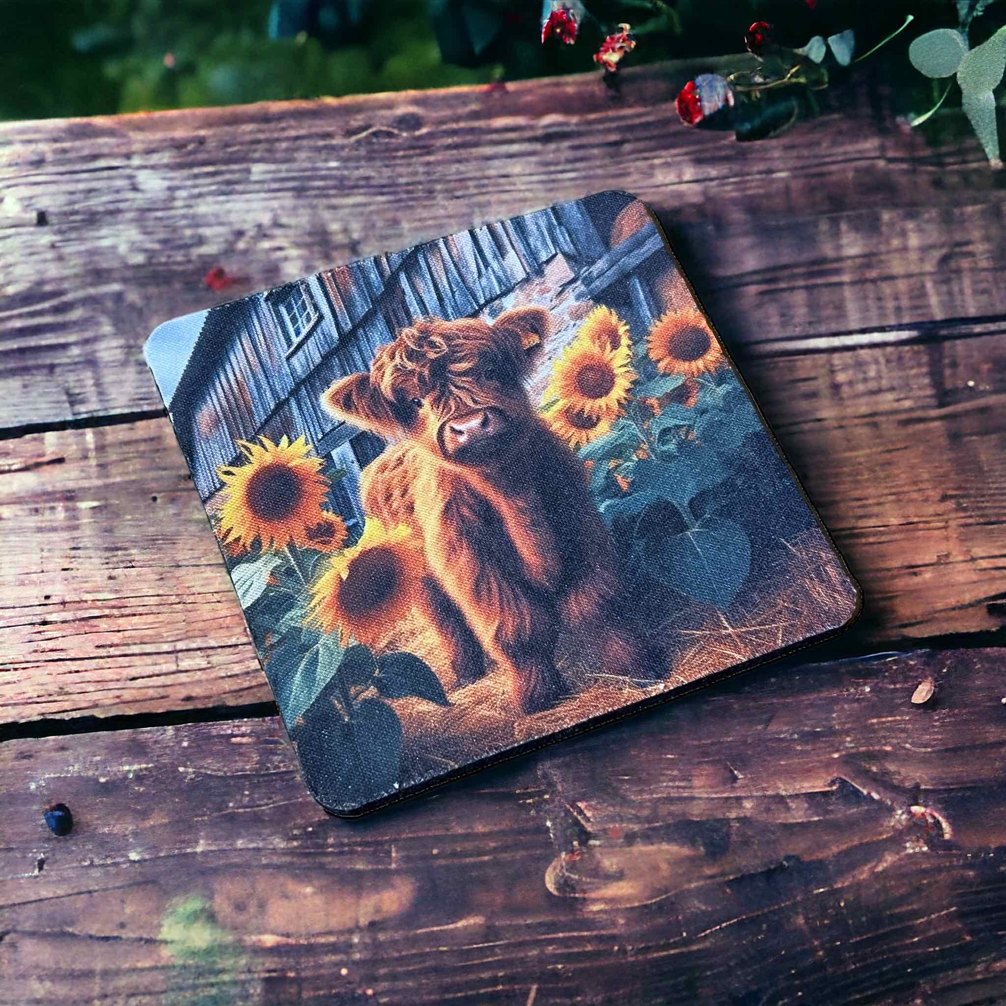 Sunflower Highland Calf Design - Neoprene Coaster - Laser Design Creations