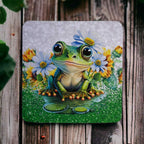 Charming frog in flower pond neoprene coasters by Laser Design Creations, featuring a cute green frog with big eyes surrounded by daisies.