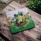 Reverse side of charming frog neoprene coasters, showcasing a cute green frog in a pond with flowers by Laser Design Creations.