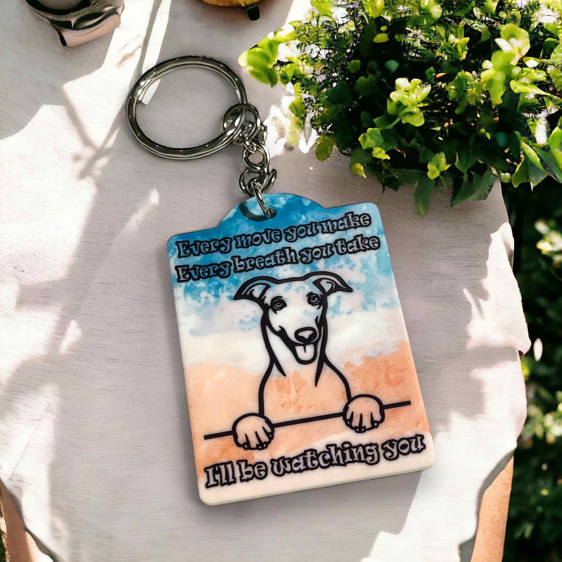 Watchful Greyhound Dog Acrylic Keyring / Bag Tag - Laser Design Creations