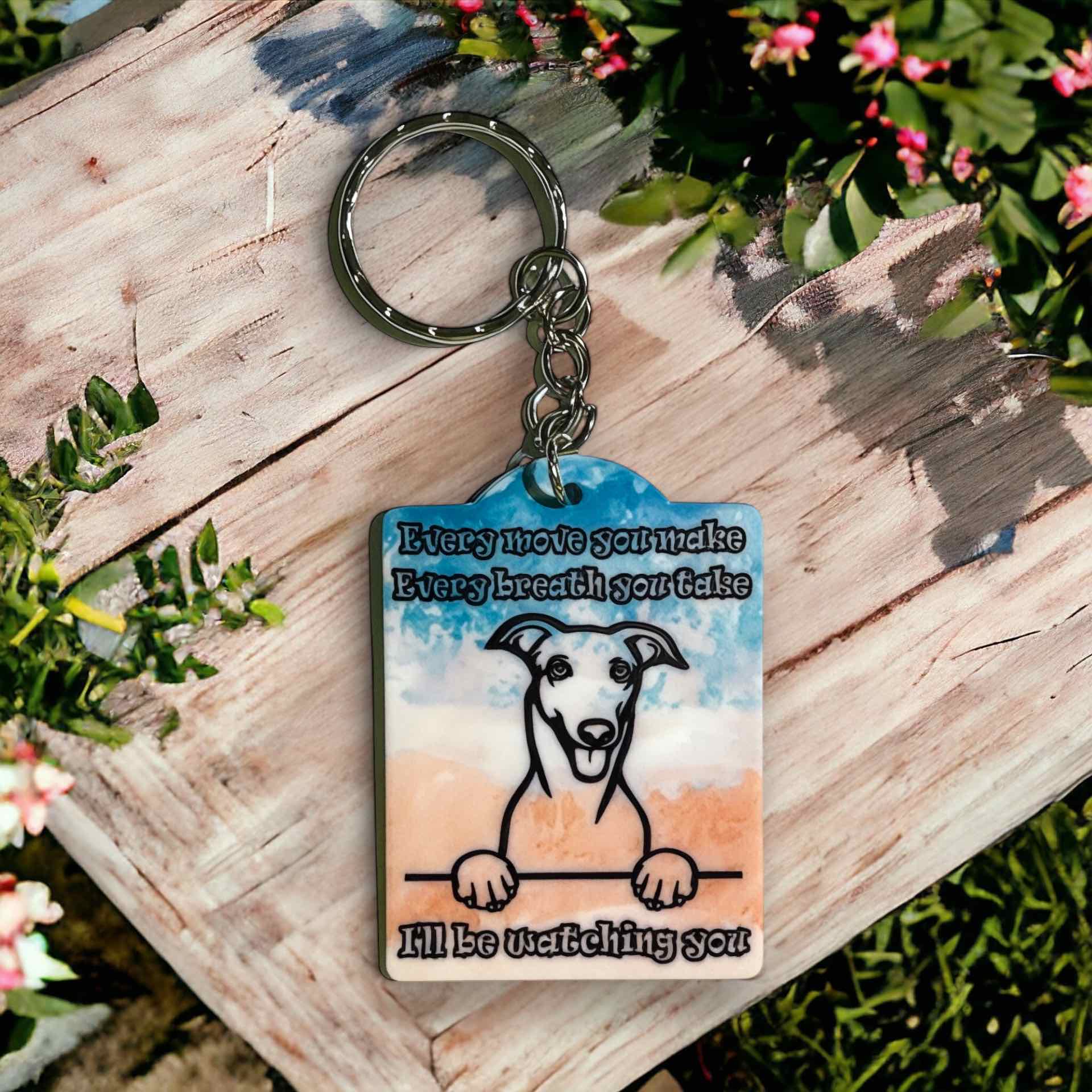 Watchful Greyhound Dog Acrylic Keyring / Bag Tag - Laser Design Creations