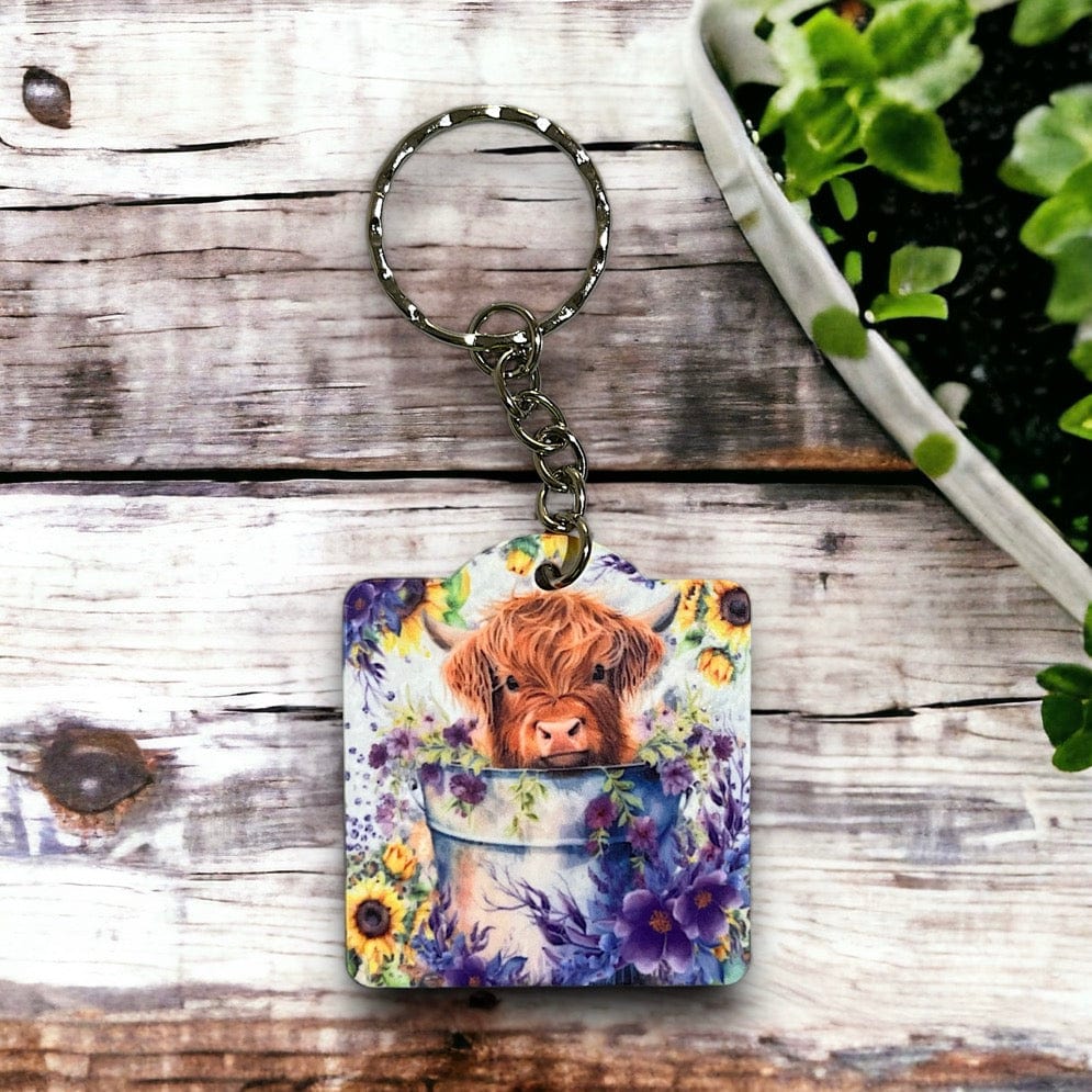 'Highland Calf in Bucket' Design Keyring / Bag Tag - Laser Design Creations