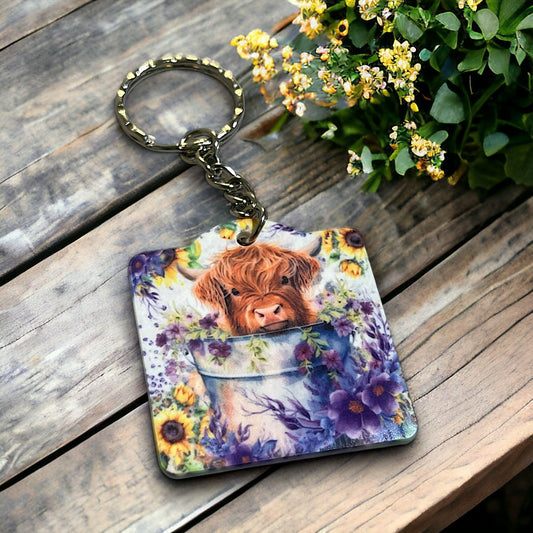 'Highland Calf in Bucket' Design Keyring / Bag Tag - Laser Design Creations